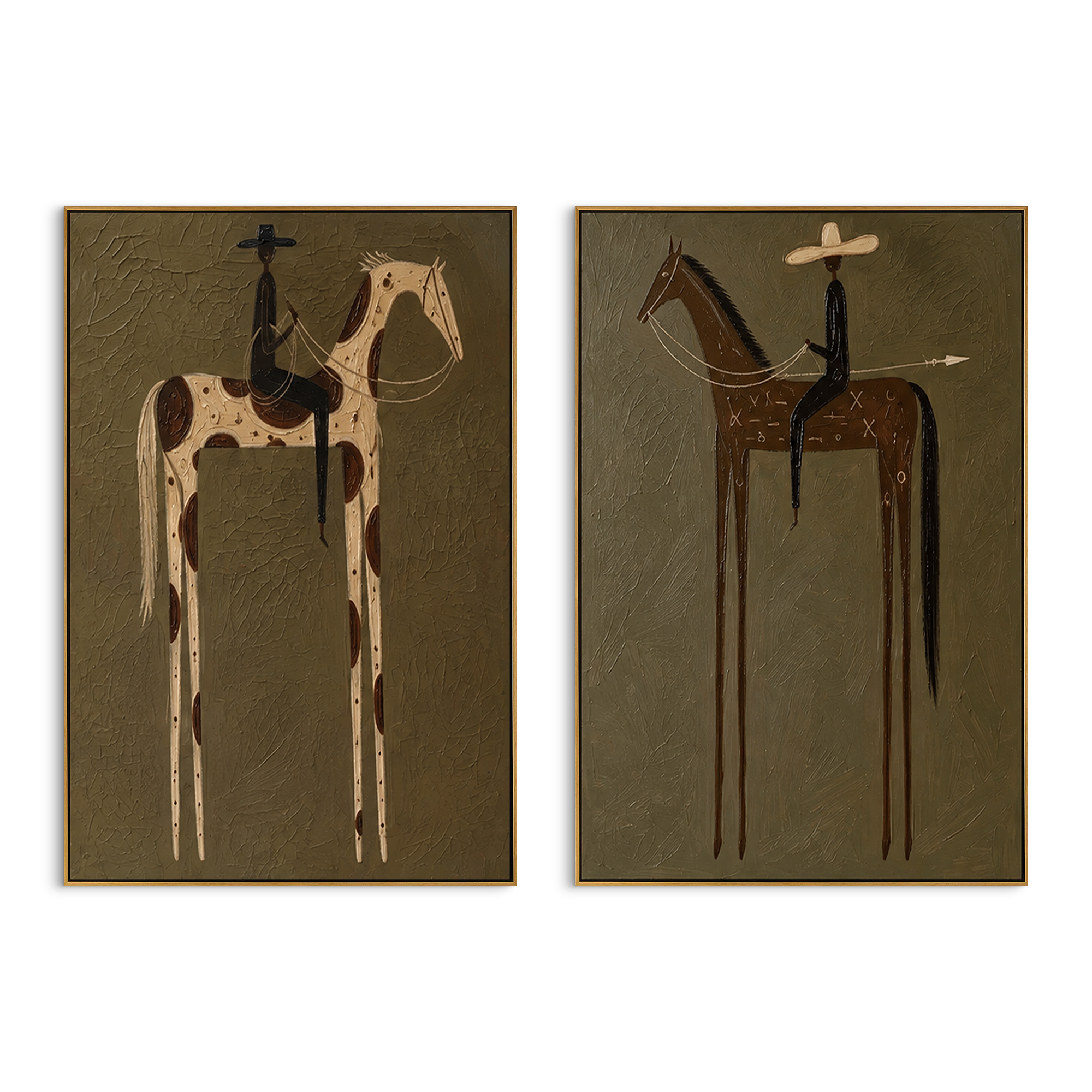"Two Panel Cowboy Horse Painting" focuses on atmosphere, surface movement, and sculptural heavy impasto craftsmanship rather than a fixed literal storyline. The composition uses this hand-painted horizontal canvas pairs two framed western horse scenes on an olive green plaster ground as the visual anchor, while layered palette-knife paint, raised plaster-like texture, and softened brush movement create tactile depth across the canvas. Curated with a balanced green, brown, beige palette, the