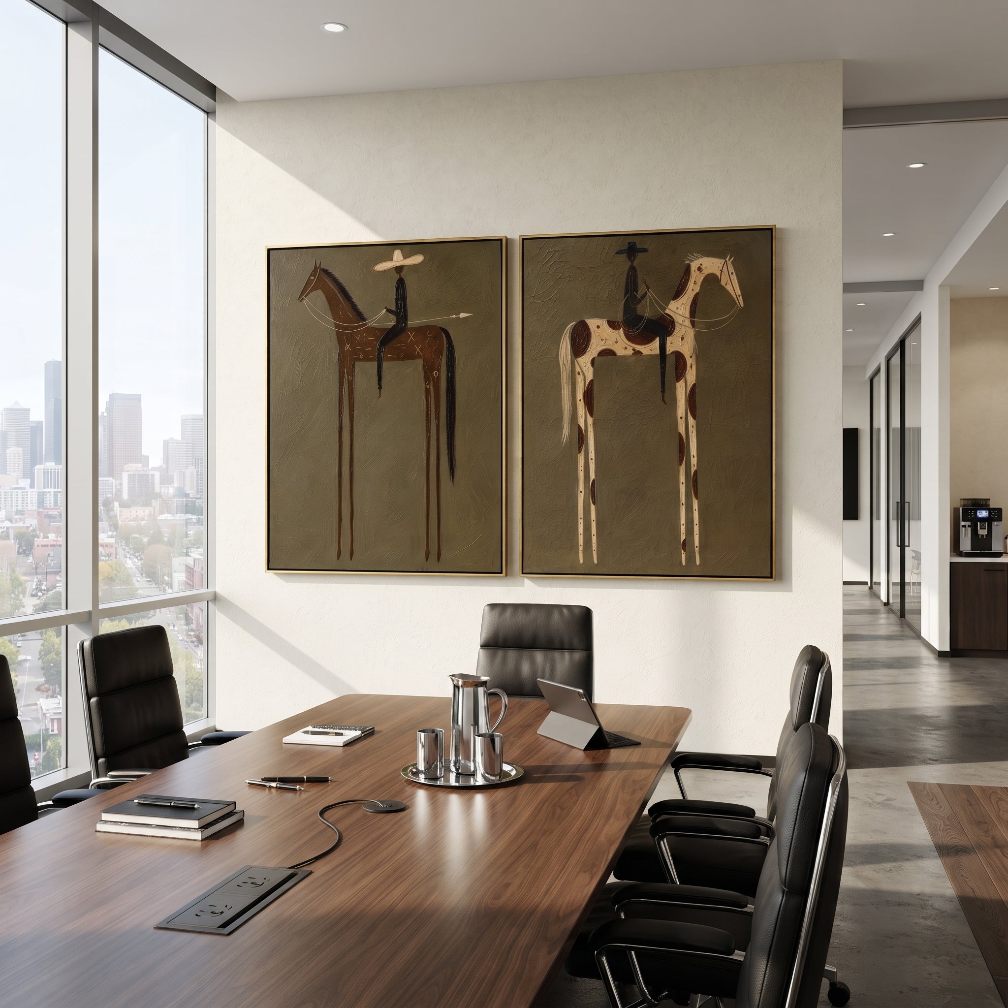 "Two Panel Cowboy Horse Painting" focuses on atmosphere, surface movement, and sculptural heavy impasto craftsmanship rather than a fixed literal storyline. The composition uses this hand-painted horizontal canvas pairs two framed western horse scenes on an olive green plaster ground as the visual anchor, while layered palette-knife paint, raised plaster-like texture, and softened brush movement create tactile depth across the canvas. Curated with a balanced green, brown, beige palette, the