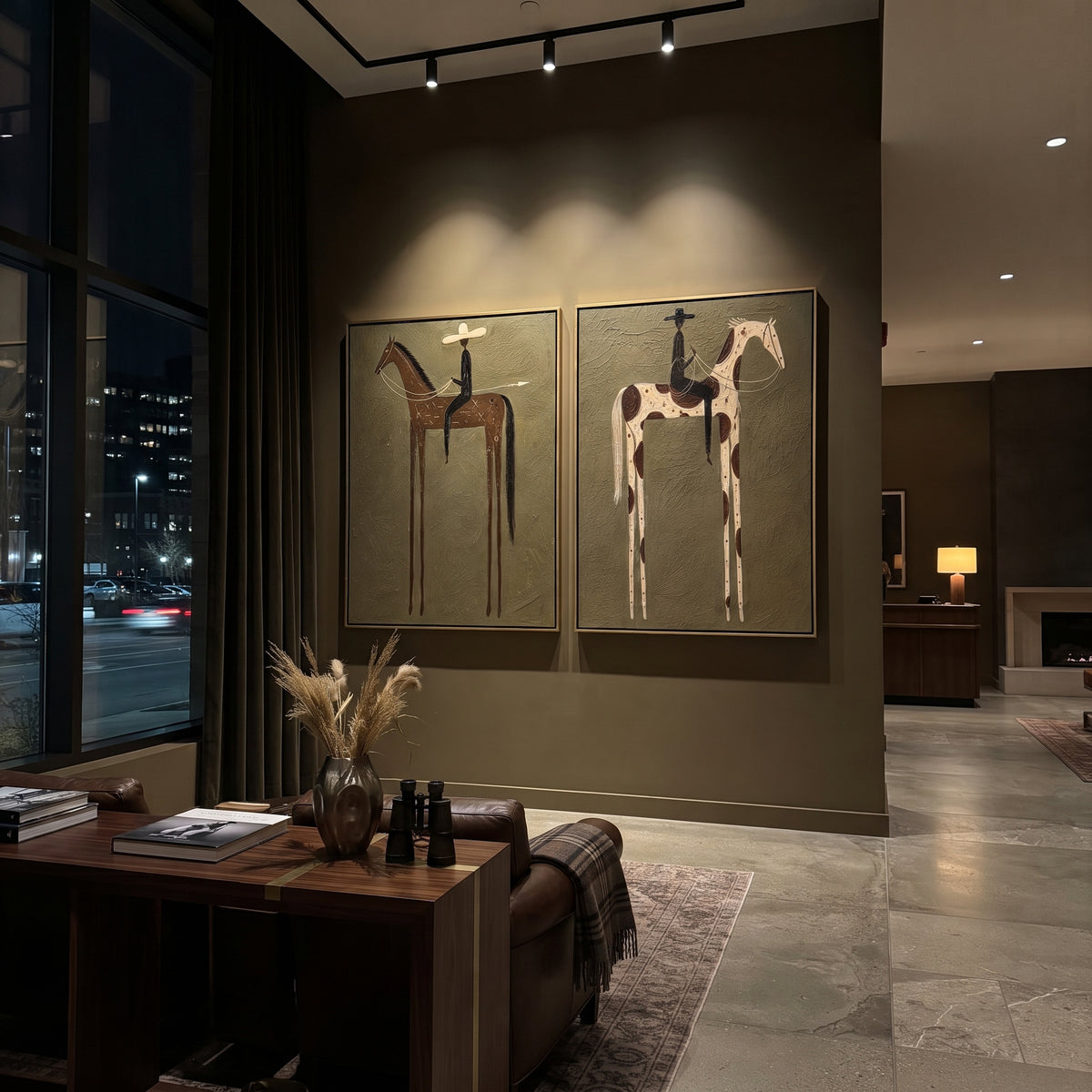 "Two Panel Cowboy Horse Painting" focuses on atmosphere, surface movement, and sculptural heavy impasto craftsmanship rather than a fixed literal storyline. The composition uses this hand-painted horizontal canvas pairs two framed western horse scenes on an olive green plaster ground as the visual anchor, while layered palette-knife paint, raised plaster-like texture, and softened brush movement create tactile depth across the canvas. Curated with a balanced green, brown, beige palette, the