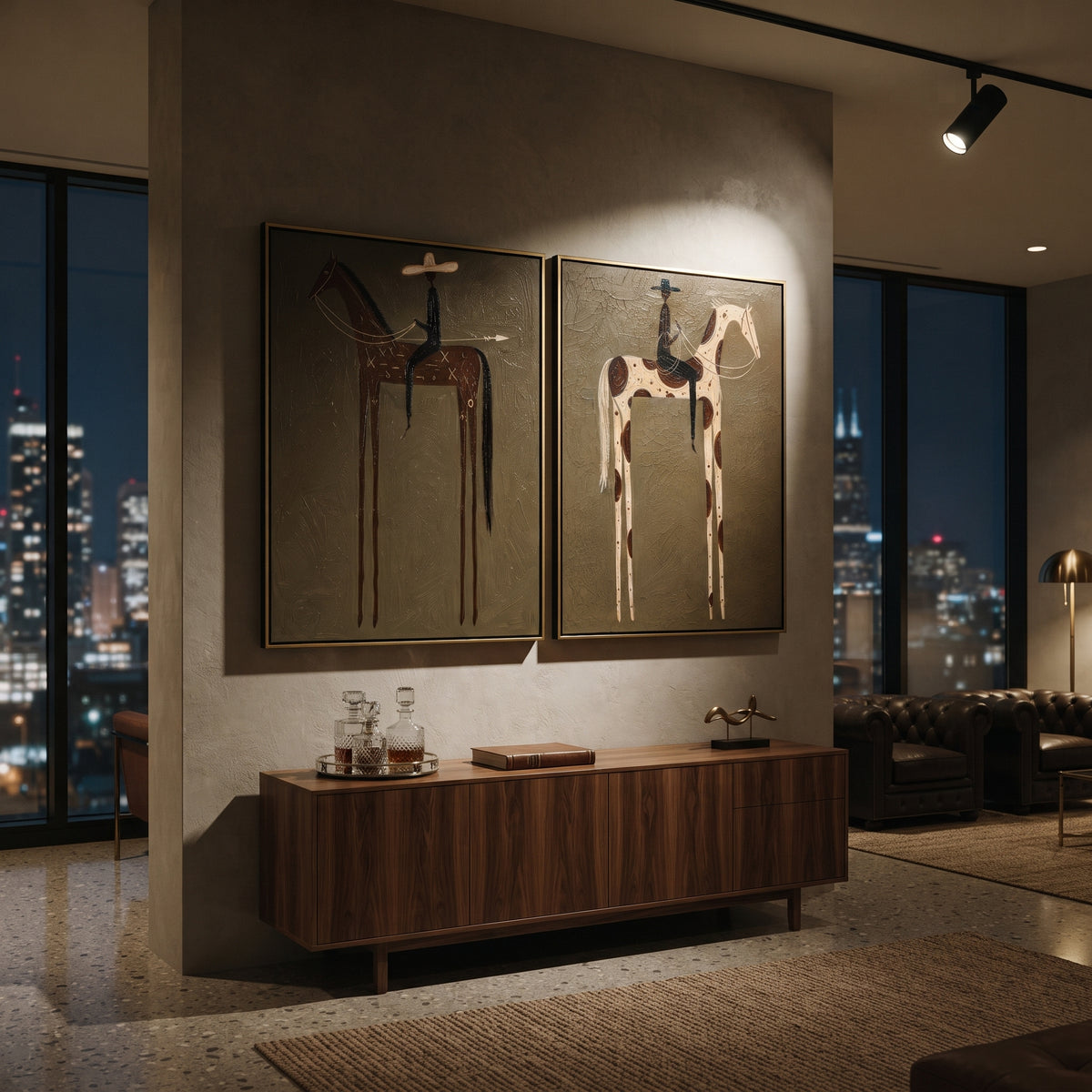 "Two Panel Cowboy Horse Painting" focuses on atmosphere, surface movement, and sculptural heavy impasto craftsmanship rather than a fixed literal storyline. The composition uses this hand-painted horizontal canvas pairs two framed western horse scenes on an olive green plaster ground as the visual anchor, while layered palette-knife paint, raised plaster-like texture, and softened brush movement create tactile depth across the canvas. Curated with a balanced green, brown, beige palette, the