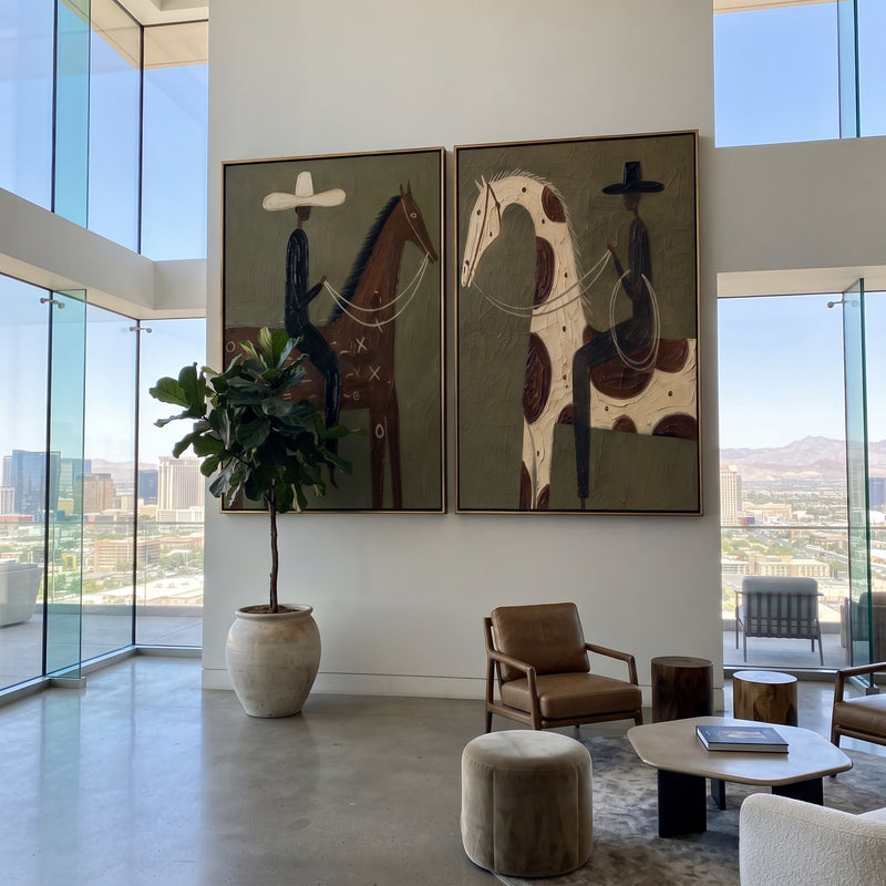 "Dual Horse Rider Canvas Painting" - Modern Heavy Impasto Western Animal Artwork | Natural & Brown Palette Knife Painting | Luxury Horizontal Wall Art #PT 1556