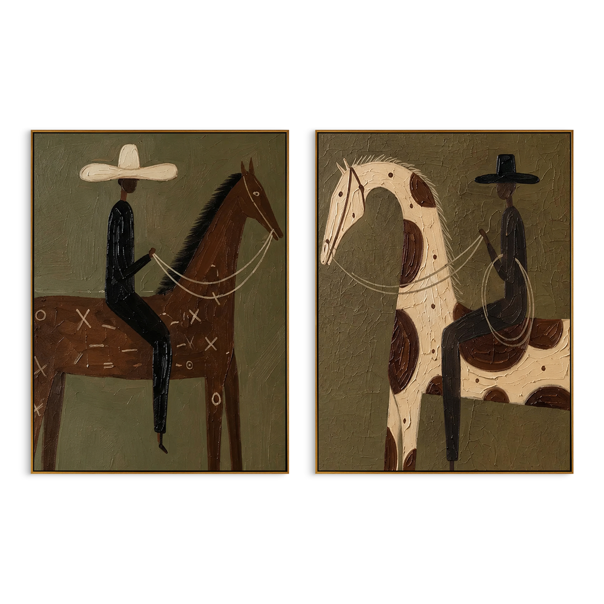 "Dual Horse Rider Canvas Painting" - Modern Heavy Impasto Western Animal Artwork | Natural & Brown Palette Knife Painting | Luxury Horizontal Wall Art #PT 1556