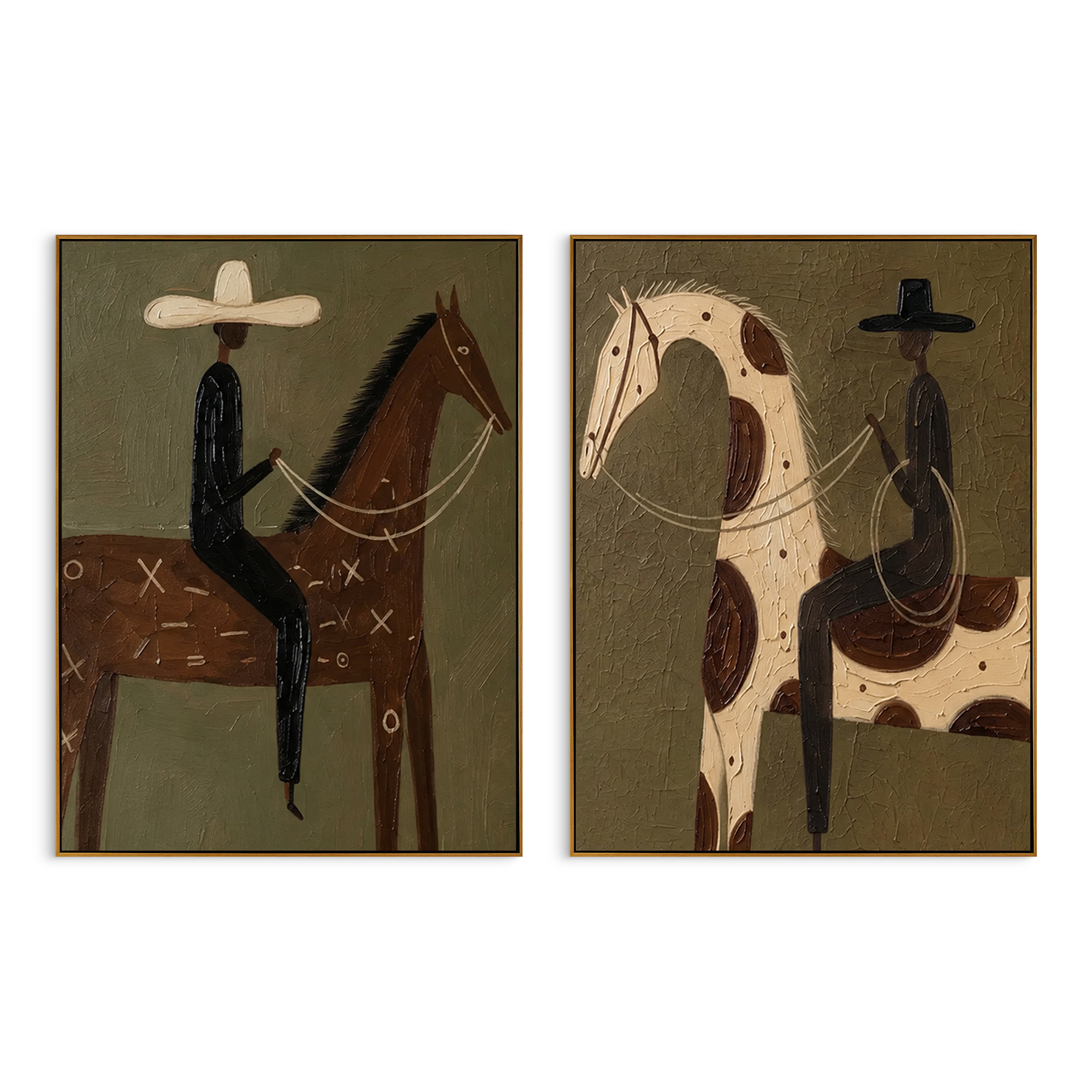 "Dual Horse Rider Canvas Painting" focuses on atmosphere, surface movement, and sculptural heavy impasto craftsmanship rather than a fixed literal storyline. The composition uses this hand-painted horizontal canvas shows two adjacent western rider-and-horse paintings: one brown horse with a pale-hatted rider and one spotted cream horse with a black-hatted rider as the visual anchor, while layered palette-knife paint, raised plaster-like texture, and softened brush movement create tactile depth