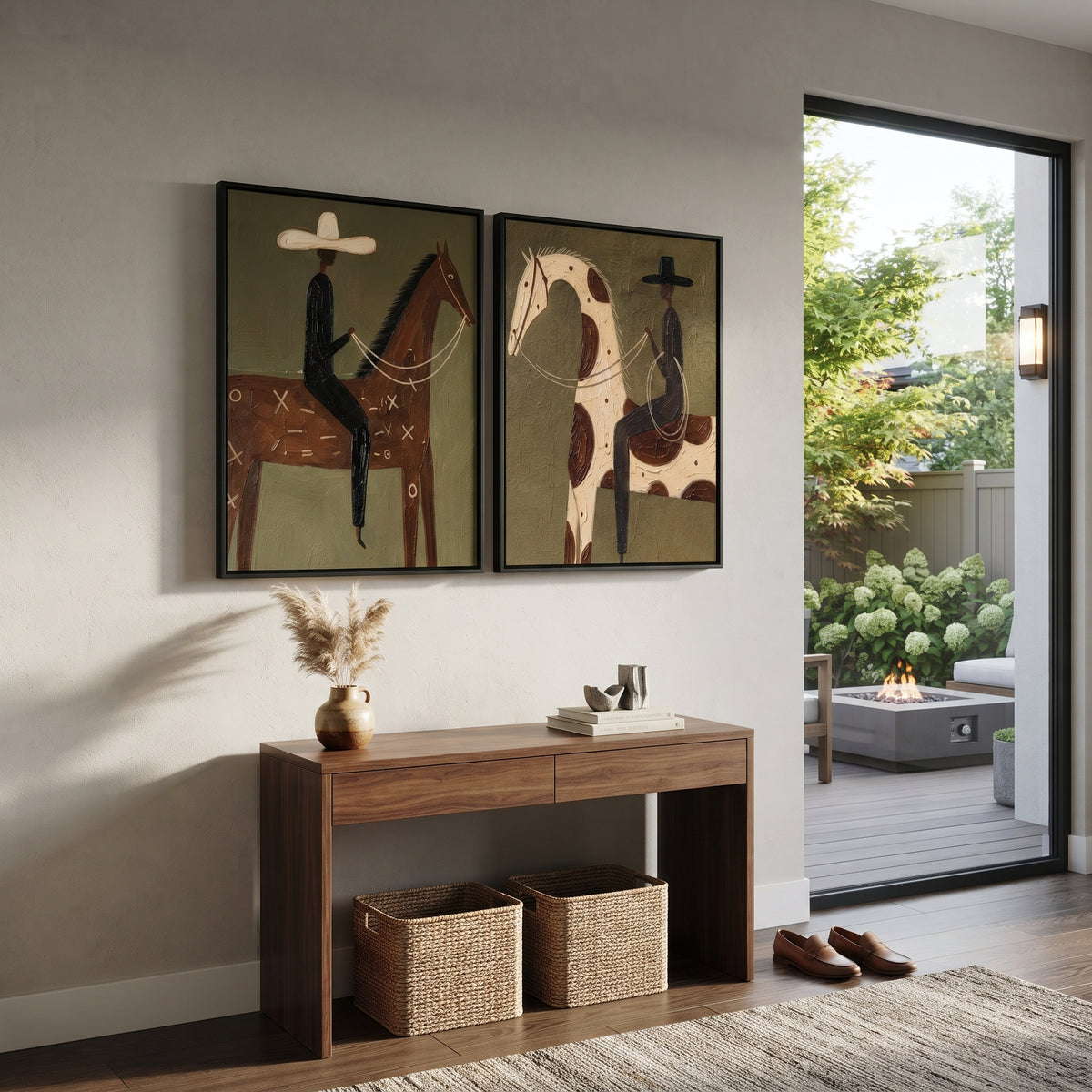 "Dual Horse Rider Canvas Painting" focuses on atmosphere, surface movement, and sculptural heavy impasto craftsmanship rather than a fixed literal storyline. The composition uses this hand-painted horizontal canvas shows two adjacent western rider-and-horse paintings: one brown horse with a pale-hatted rider and one spotted cream horse with a black-hatted rider as the visual anchor, while layered palette-knife paint, raised plaster-like texture, and softened brush movement create tactile depth