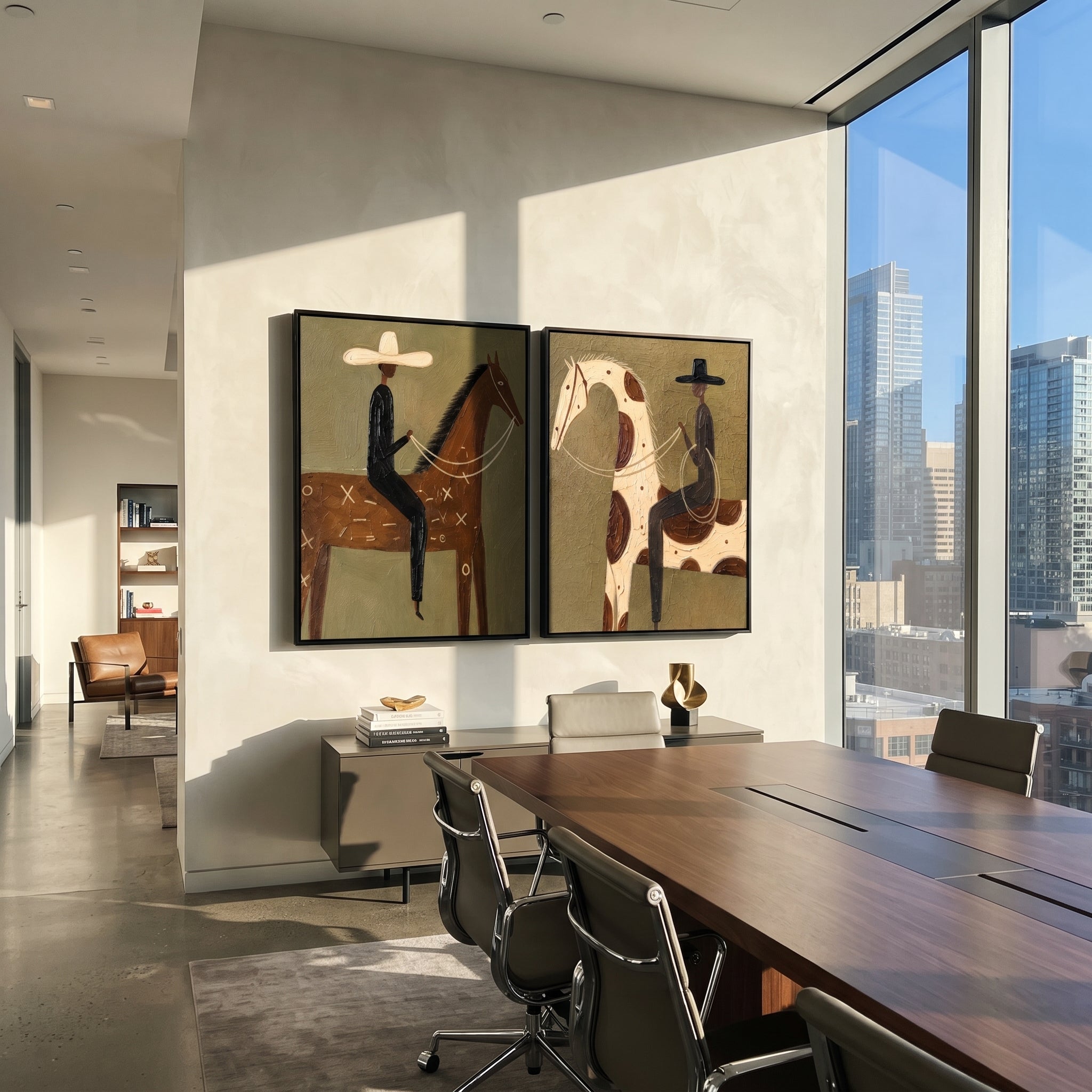 "Dual Horse Rider Canvas Painting" focuses on atmosphere, surface movement, and sculptural heavy impasto craftsmanship rather than a fixed literal storyline. The composition uses this hand-painted horizontal canvas shows two adjacent western rider-and-horse paintings: one brown horse with a pale-hatted rider and one spotted cream horse with a black-hatted rider as the visual anchor, while layered palette-knife paint, raised plaster-like texture, and softened brush movement create tactile depth
