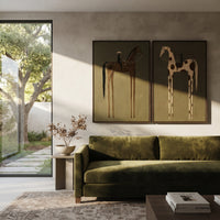 "Olive Two Horse Rider Painting" focuses on atmosphere, surface movement, and sculptural heavy impasto craftsmanship rather than a fixed literal storyline. The composition uses this hand-painted horizontal canvas presents two side-by-side western rider paintings on an olive plaster background as the visual anchor, while layered palette-knife paint, raised plaster-like texture, and softened brush movement create tactile depth across the canvas. Curated with a balanced green, brown, beige palette