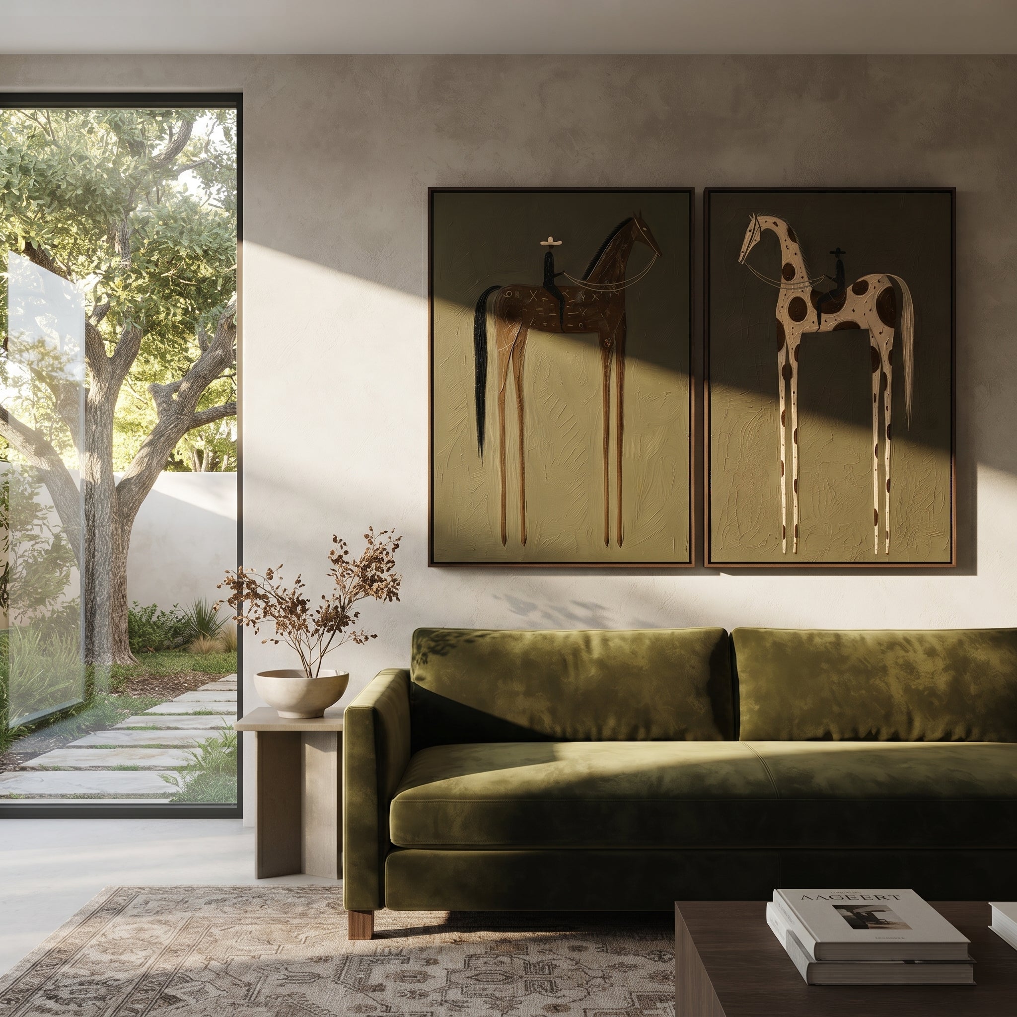 "Olive Two Horse Rider Painting" focuses on atmosphere, surface movement, and sculptural heavy impasto craftsmanship rather than a fixed literal storyline. The composition uses this hand-painted horizontal canvas presents two side-by-side western rider paintings on an olive plaster background as the visual anchor, while layered palette-knife paint, raised plaster-like texture, and softened brush movement create tactile depth across the canvas. Curated with a balanced green, brown, beige palette