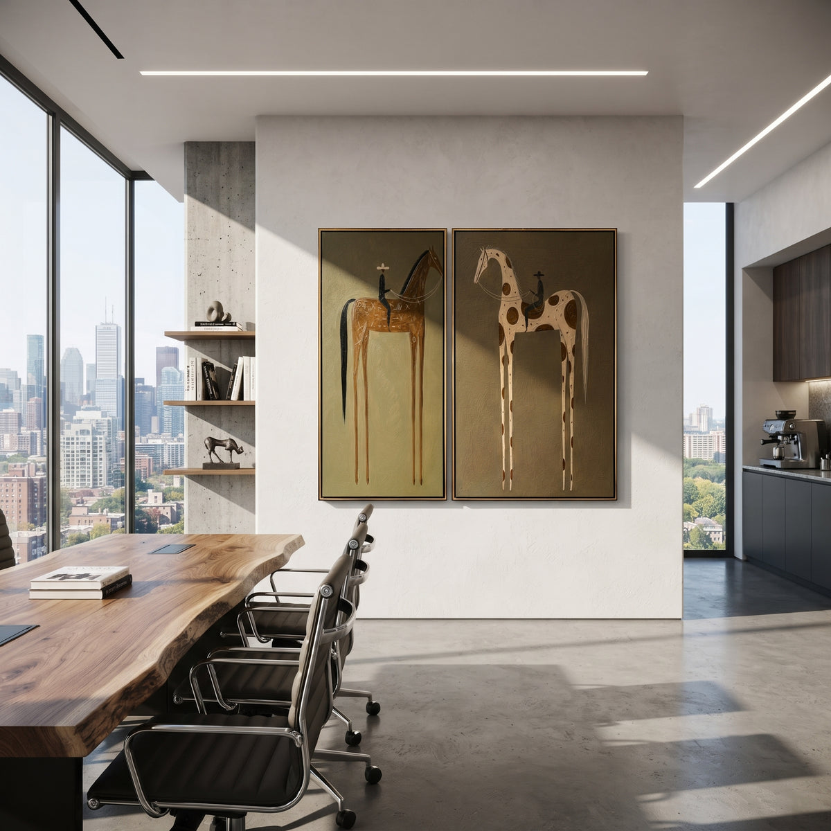 "Olive Two Horse Rider Painting" focuses on atmosphere, surface movement, and sculptural heavy impasto craftsmanship rather than a fixed literal storyline. The composition uses this hand-painted horizontal canvas presents two side-by-side western rider paintings on an olive plaster background as the visual anchor, while layered palette-knife paint, raised plaster-like texture, and softened brush movement create tactile depth across the canvas. Curated with a balanced green, brown, beige palette