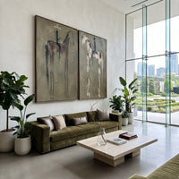 "Brown And Spotted Horse Diptych Painting" focuses on atmosphere, surface movement, and sculptural heavy impasto craftsmanship rather than a fixed literal storyline. The composition uses this hand-painted horizontal canvas combines two framed horse-and-rider scenes: a brown horse with a pale-hatted rider and a spotted cream horse with a black-hatted rider as the visual anchor, while layered palette-knife paint, raised plaster-like texture, and softened brush movement create tactile depth across
