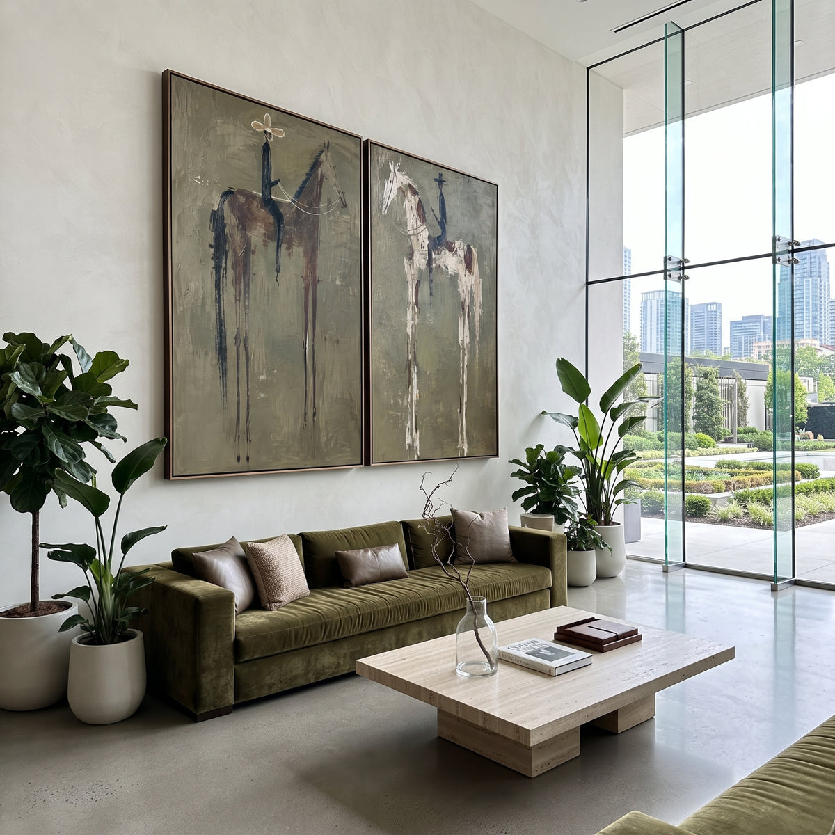 "Brown And Spotted Horse Diptych Painting" focuses on atmosphere, surface movement, and sculptural heavy impasto craftsmanship rather than a fixed literal storyline. The composition uses this hand-painted horizontal canvas combines two framed horse-and-rider scenes: a brown horse with a pale-hatted rider and a spotted cream horse with a black-hatted rider as the visual anchor, while layered palette-knife paint, raised plaster-like texture, and softened brush movement create tactile depth across