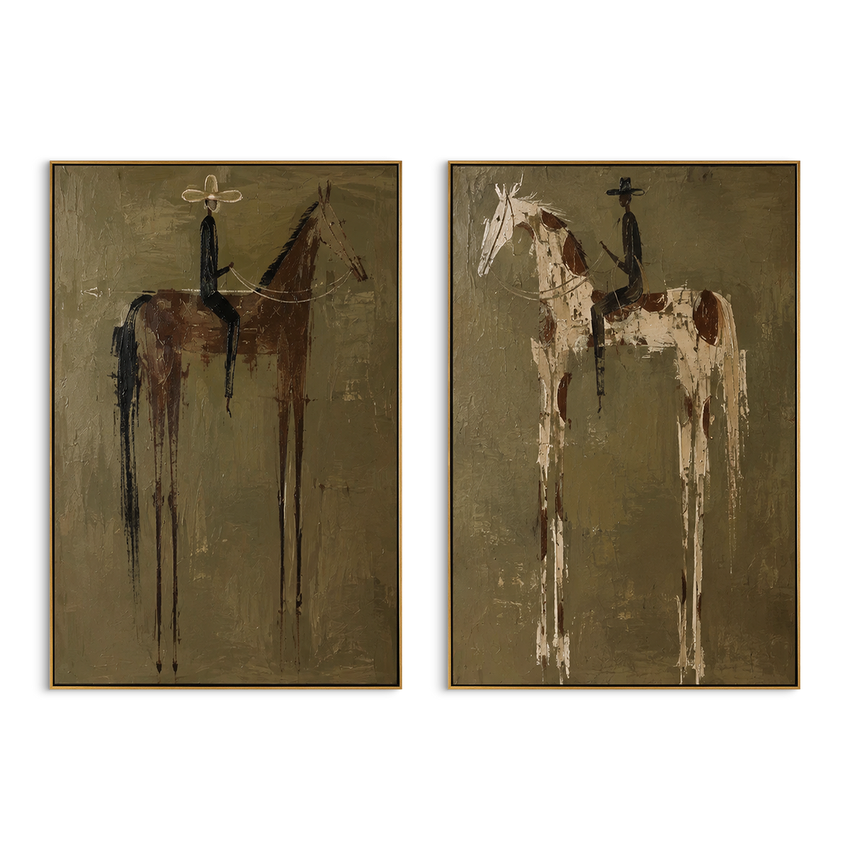 "Brown And Spotted Horse Diptych Painting" - Modern Heavy Impasto Western Animal Artwork | Natural & Brown Palette Knife Painting | Luxury Horizontal Wall Art #PT 1558
