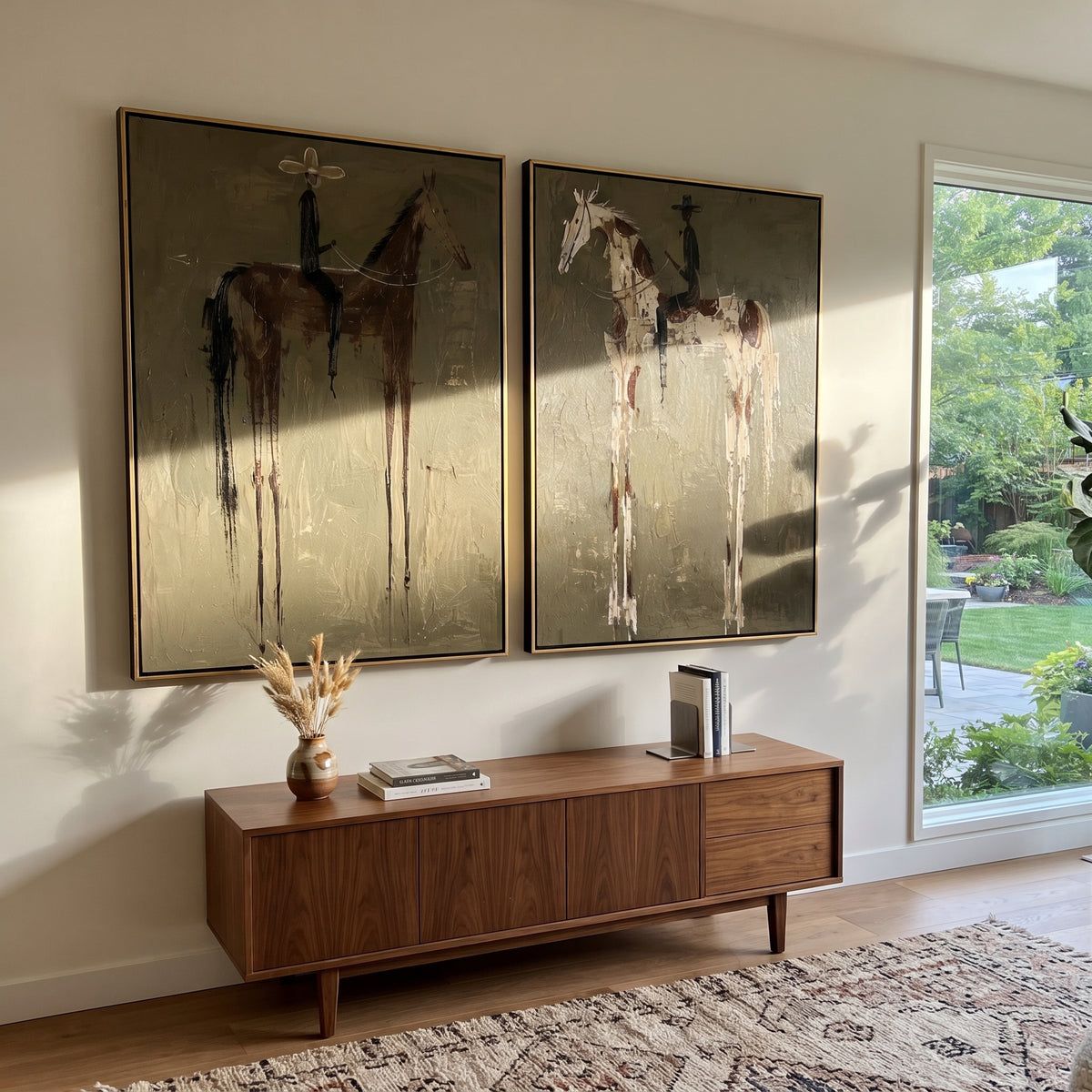"Brown And Spotted Horse Diptych Painting" focuses on atmosphere, surface movement, and sculptural heavy impasto craftsmanship rather than a fixed literal storyline. The composition uses this hand-painted horizontal canvas combines two framed horse-and-rider scenes: a brown horse with a pale-hatted rider and a spotted cream horse with a black-hatted rider as the visual anchor, while layered palette-knife paint, raised plaster-like texture, and softened brush movement create tactile depth across