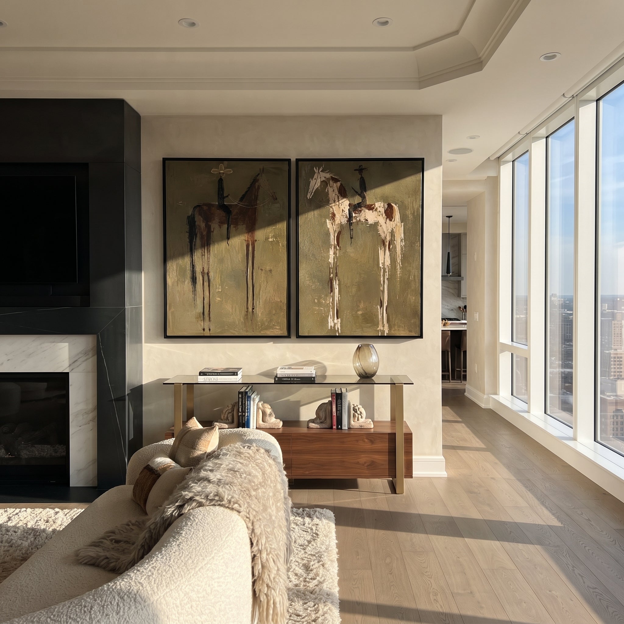 "Brown And Spotted Horse Diptych Painting" focuses on atmosphere, surface movement, and sculptural heavy impasto craftsmanship rather than a fixed literal storyline. The composition uses this hand-painted horizontal canvas combines two framed horse-and-rider scenes: a brown horse with a pale-hatted rider and a spotted cream horse with a black-hatted rider as the visual anchor, while layered palette-knife paint, raised plaster-like texture, and softened brush movement create tactile depth across