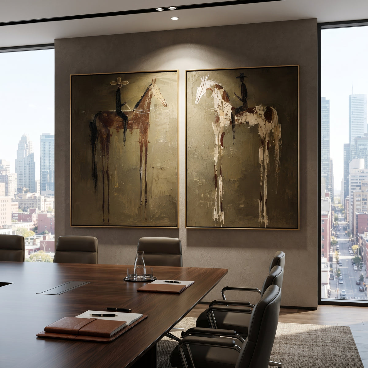 "Brown And Spotted Horse Diptych Painting" focuses on atmosphere, surface movement, and sculptural heavy impasto craftsmanship rather than a fixed literal storyline. The composition uses this hand-painted horizontal canvas combines two framed horse-and-rider scenes: a brown horse with a pale-hatted rider and a spotted cream horse with a black-hatted rider as the visual anchor, while layered palette-knife paint, raised plaster-like texture, and softened brush movement create tactile depth across