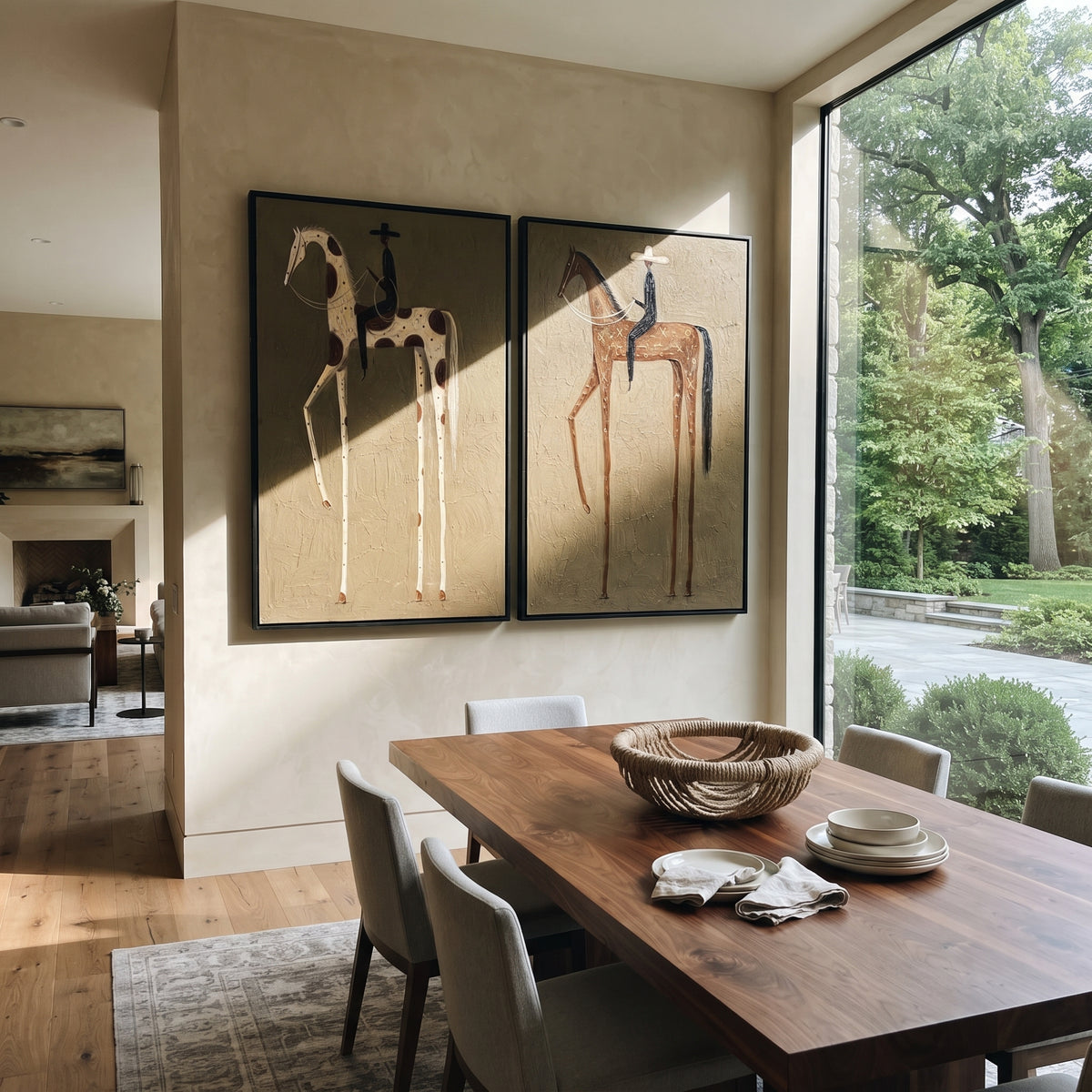 "Minimal Cowboy Horse Pair Painting" focuses on atmosphere, surface movement, and sculptural heavy impasto craftsmanship rather than a fixed literal storyline. The composition uses this hand-painted horizontal canvas shows two adjacent minimal western horse portraits on a muted green plaster field as the visual anchor, while layered palette-knife paint, raised plaster-like texture, and softened brush movement create tactile depth across the canvas. Curated with a balanced green, brown, beige