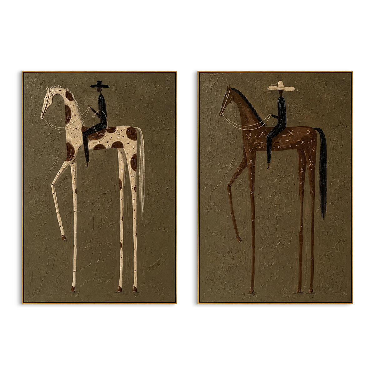 "Minimal Cowboy Horse Pair Painting" focuses on atmosphere, surface movement, and sculptural heavy impasto craftsmanship rather than a fixed literal storyline. The composition uses this hand-painted horizontal canvas shows two adjacent minimal western horse portraits on a muted green plaster field as the visual anchor, while layered palette-knife paint, raised plaster-like texture, and softened brush movement create tactile depth across the canvas. Curated with a balanced green, brown, beige
