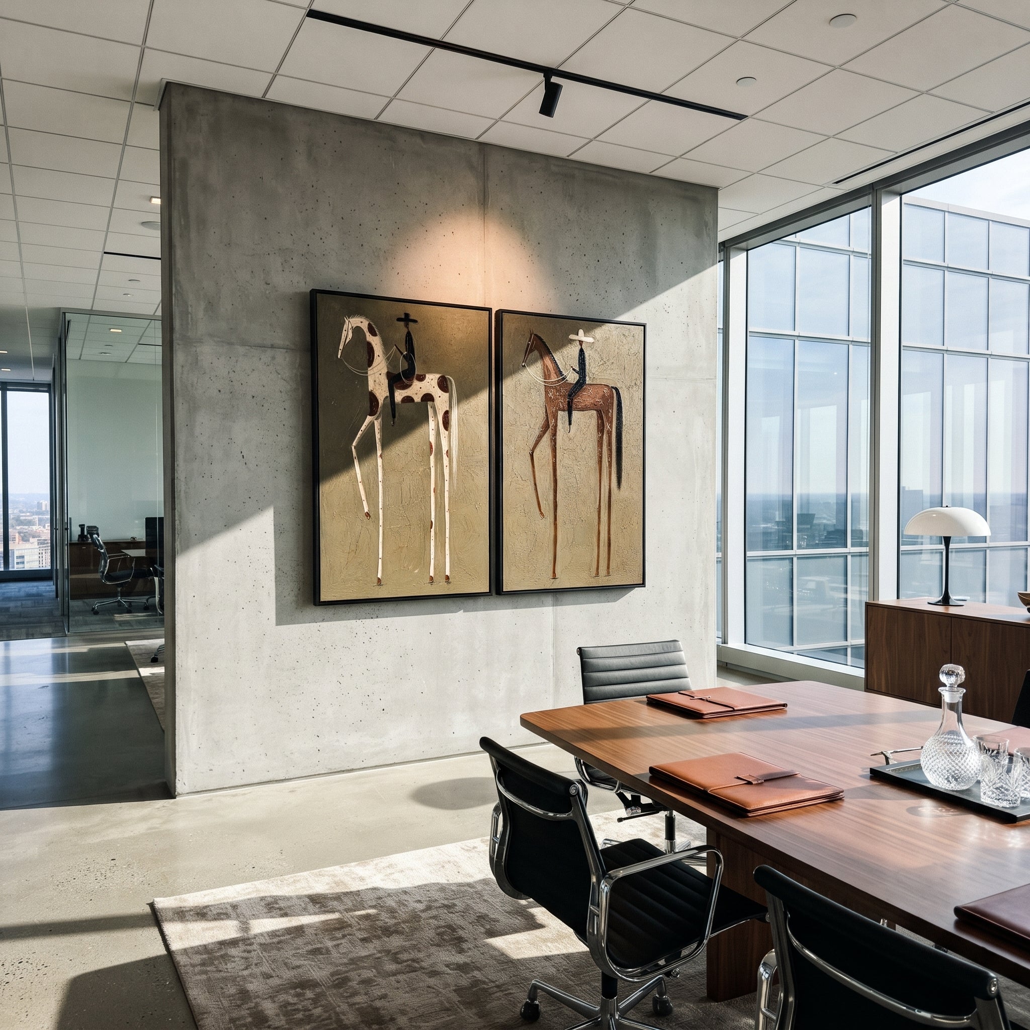 "Minimal Cowboy Horse Pair Painting" focuses on atmosphere, surface movement, and sculptural heavy impasto craftsmanship rather than a fixed literal storyline. The composition uses this hand-painted horizontal canvas shows two adjacent minimal western horse portraits on a muted green plaster field as the visual anchor, while layered palette-knife paint, raised plaster-like texture, and softened brush movement create tactile depth across the canvas. Curated with a balanced green, brown, beige