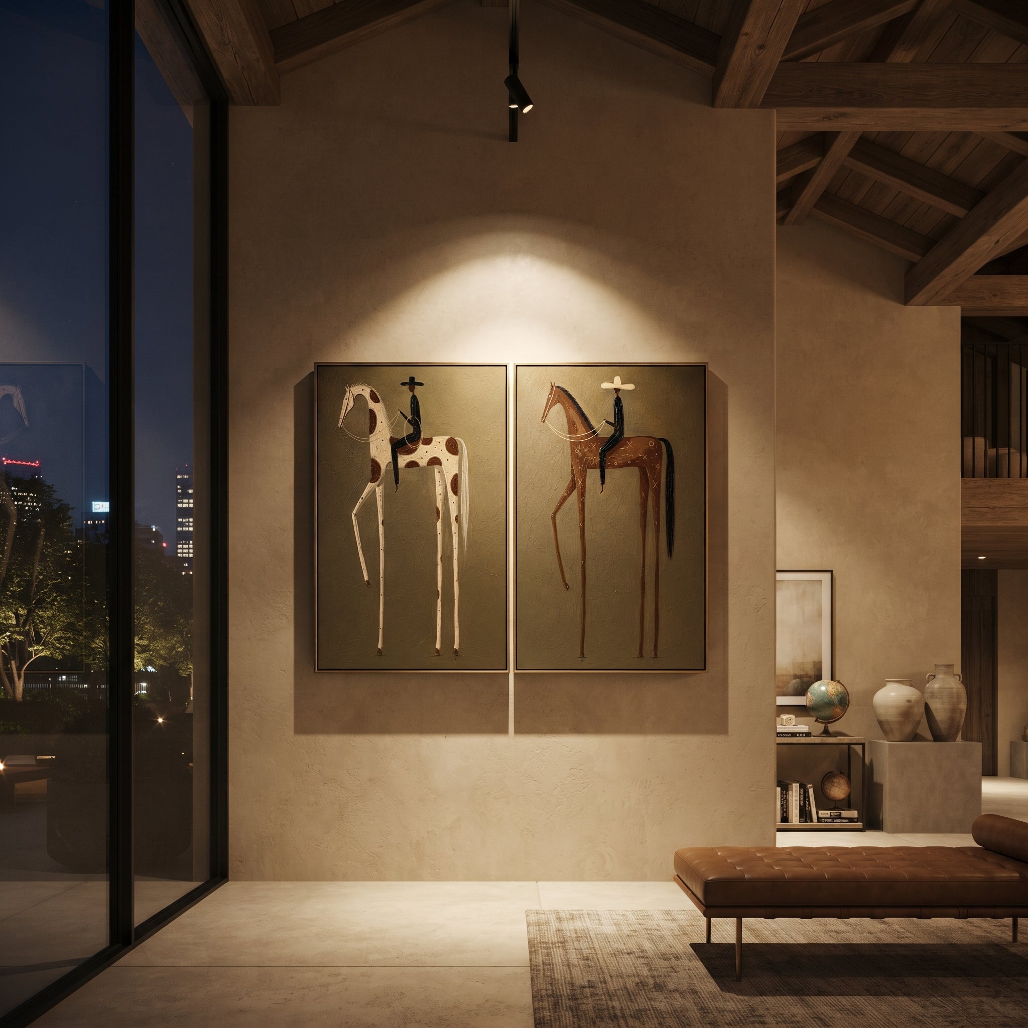 "Minimal Cowboy Horse Pair Painting" focuses on atmosphere, surface movement, and sculptural heavy impasto craftsmanship rather than a fixed literal storyline. The composition uses this hand-painted horizontal canvas shows two adjacent minimal western horse portraits on a muted green plaster field as the visual anchor, while layered palette-knife paint, raised plaster-like texture, and softened brush movement create tactile depth across the canvas. Curated with a balanced green, brown, beige