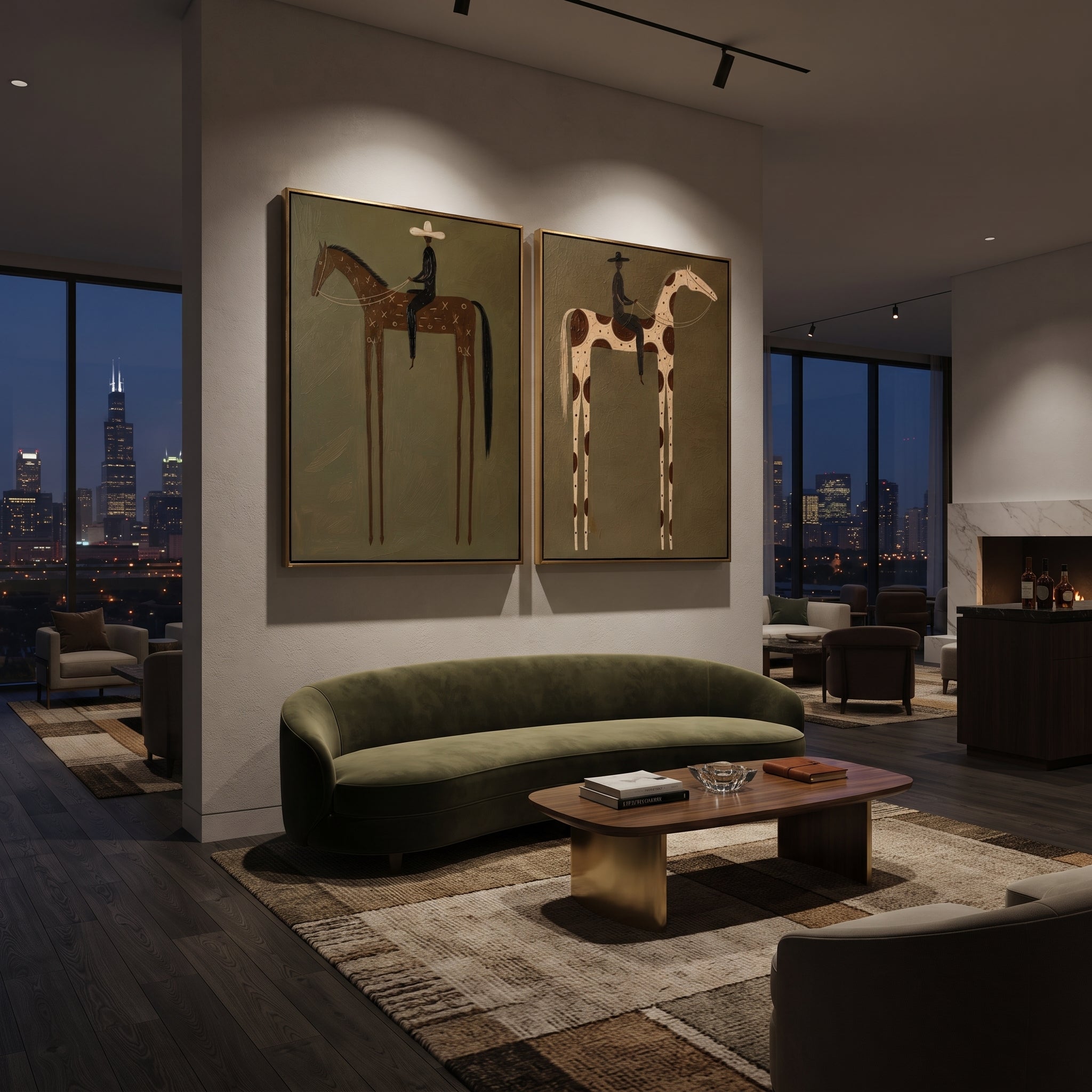 "Tall Horse Rider Duo Painting" focuses on atmosphere, surface movement, and sculptural heavy impasto craftsmanship rather than a fixed literal storyline. The composition uses this hand-painted horizontal canvas pairs two tall horse-and-rider studies, one brown horse and one spotted cream horse, both set against a rough olive background as the visual anchor, while layered palette-knife paint, raised plaster-like texture, and softened brush movement create tactile depth across the canvas. Curated