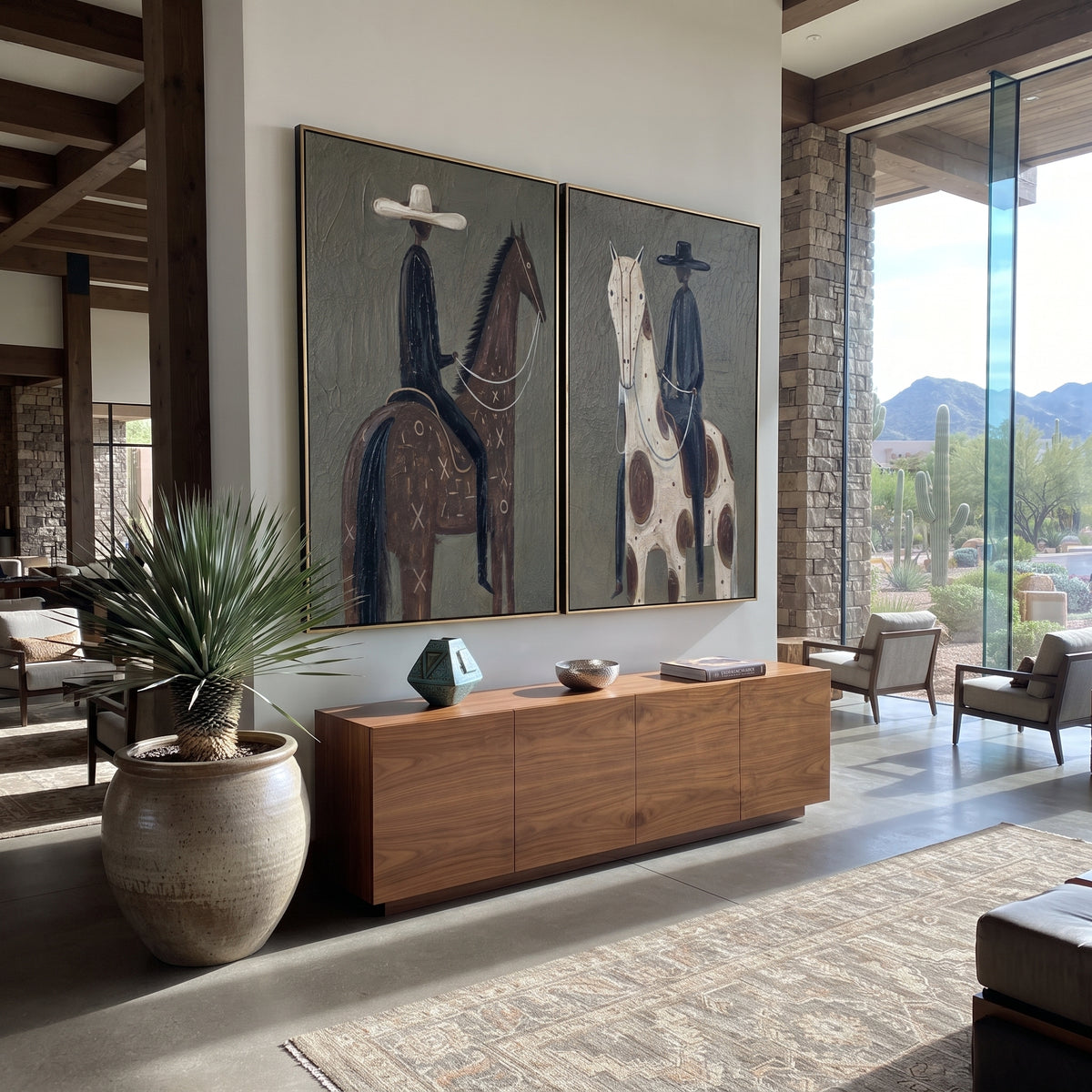 "Side By Side Ranch Horse Painting" focuses on atmosphere, surface movement, and sculptural heavy impasto craftsmanship rather than a fixed literal storyline. The composition uses this hand-painted horizontal canvas displays two ranch-style horse rider panels with olive green textured backgrounds as the visual anchor, while layered palette-knife paint, raised plaster-like texture, and softened brush movement create tactile depth across the canvas. Curated with a balanced green, brown, beige