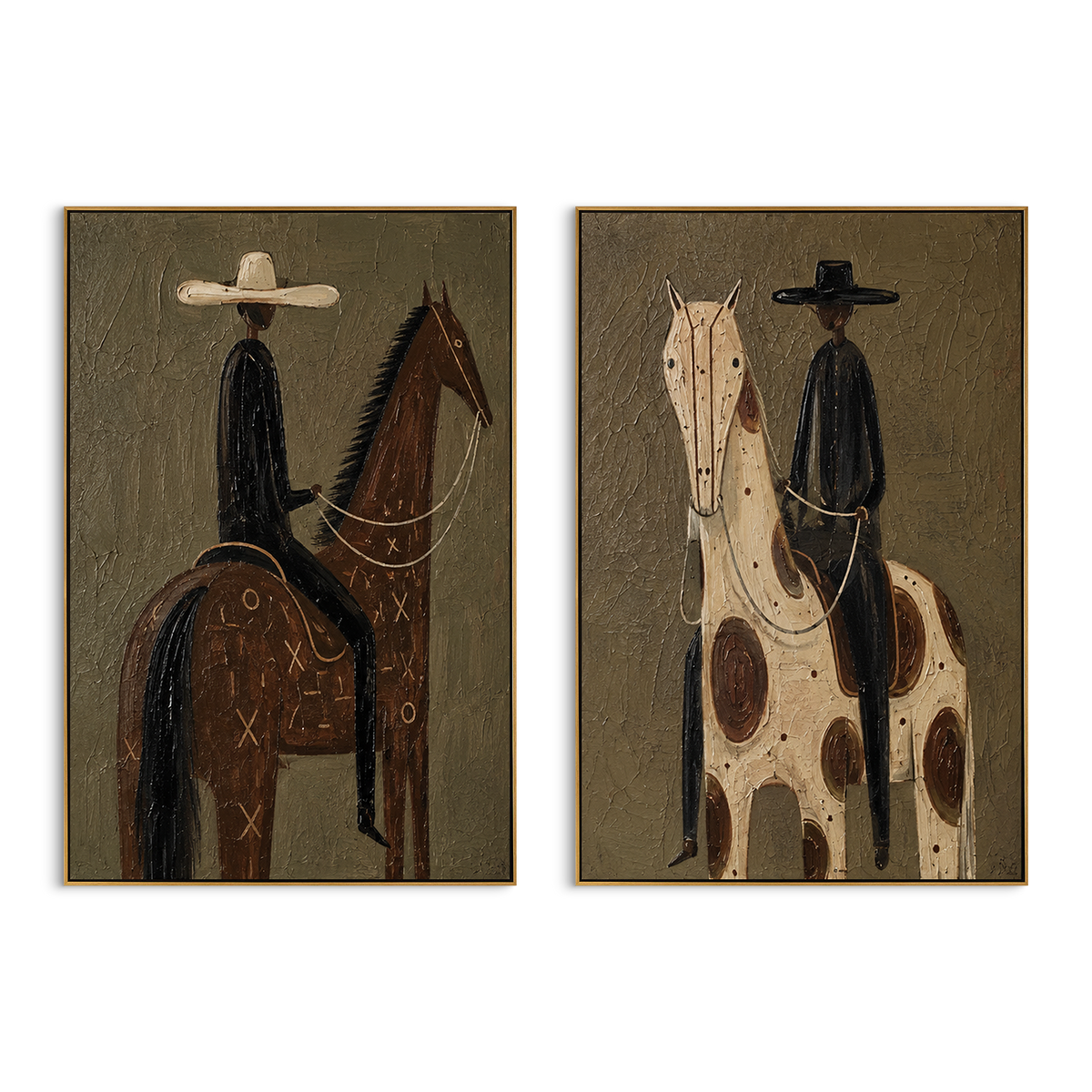 "Side By Side Ranch Horse Painting" focuses on atmosphere, surface movement, and sculptural heavy impasto craftsmanship rather than a fixed literal storyline. The composition uses this hand-painted horizontal canvas displays two ranch-style horse rider panels with olive green textured backgrounds as the visual anchor, while layered palette-knife paint, raised plaster-like texture, and softened brush movement create tactile depth across the canvas. Curated with a balanced green, brown, beige