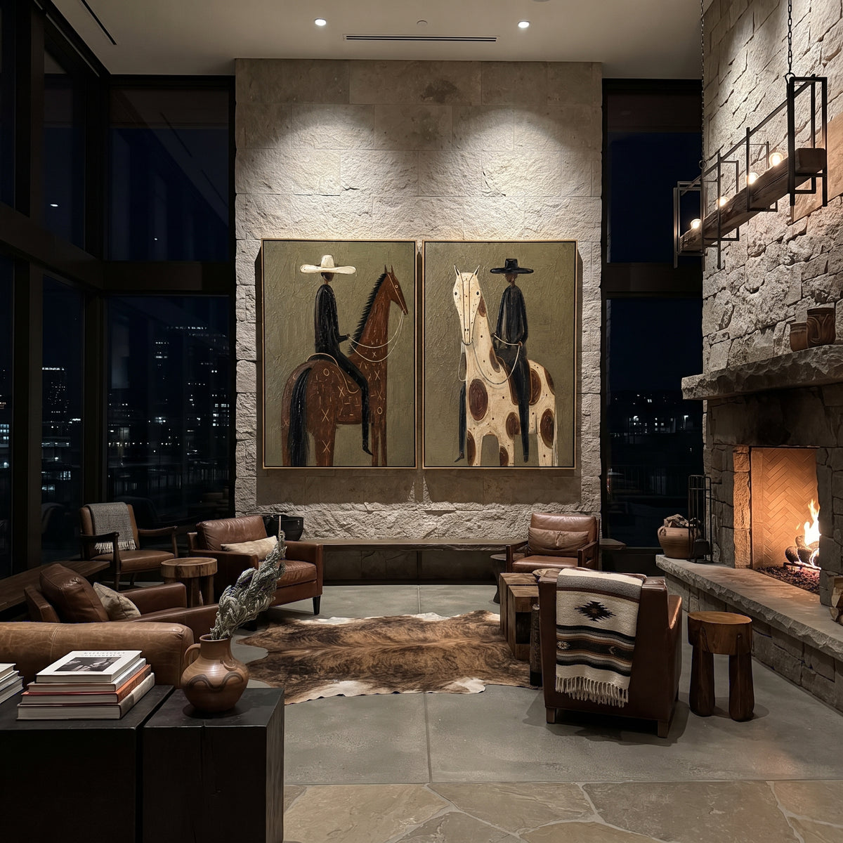"Side By Side Ranch Horse Painting" focuses on atmosphere, surface movement, and sculptural heavy impasto craftsmanship rather than a fixed literal storyline. The composition uses this hand-painted horizontal canvas displays two ranch-style horse rider panels with olive green textured backgrounds as the visual anchor, while layered palette-knife paint, raised plaster-like texture, and softened brush movement create tactile depth across the canvas. Curated with a balanced green, brown, beige