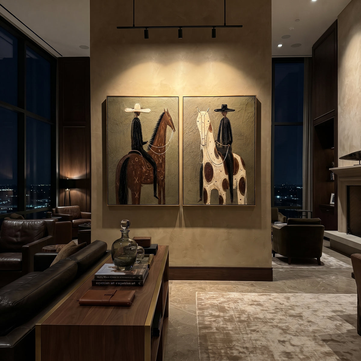"Side By Side Ranch Horse Painting" focuses on atmosphere, surface movement, and sculptural heavy impasto craftsmanship rather than a fixed literal storyline. The composition uses this hand-painted horizontal canvas displays two ranch-style horse rider panels with olive green textured backgrounds as the visual anchor, while layered palette-knife paint, raised plaster-like texture, and softened brush movement create tactile depth across the canvas. Curated with a balanced green, brown, beige