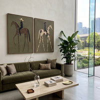 "Paired Slim Rider Horses Painting" focuses on atmosphere, surface movement, and sculptural heavy impasto craftsmanship rather than a fixed literal storyline. The composition uses this hand-painted horizontal canvas shows two adjacent western horse-and-rider panels on an olive plaster ground as the visual anchor, while layered palette-knife paint, raised plaster-like texture, and softened brush movement create tactile depth across the canvas. Curated with a balanced green, brown, beige palette