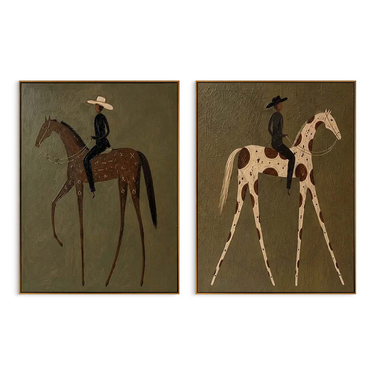 "Paired Slim Rider Horses Painting" - Modern Heavy Impasto Western Animal Artwork | Natural & Brown Palette Knife Painting | Luxury Horizontal Wall Art #PT 1562