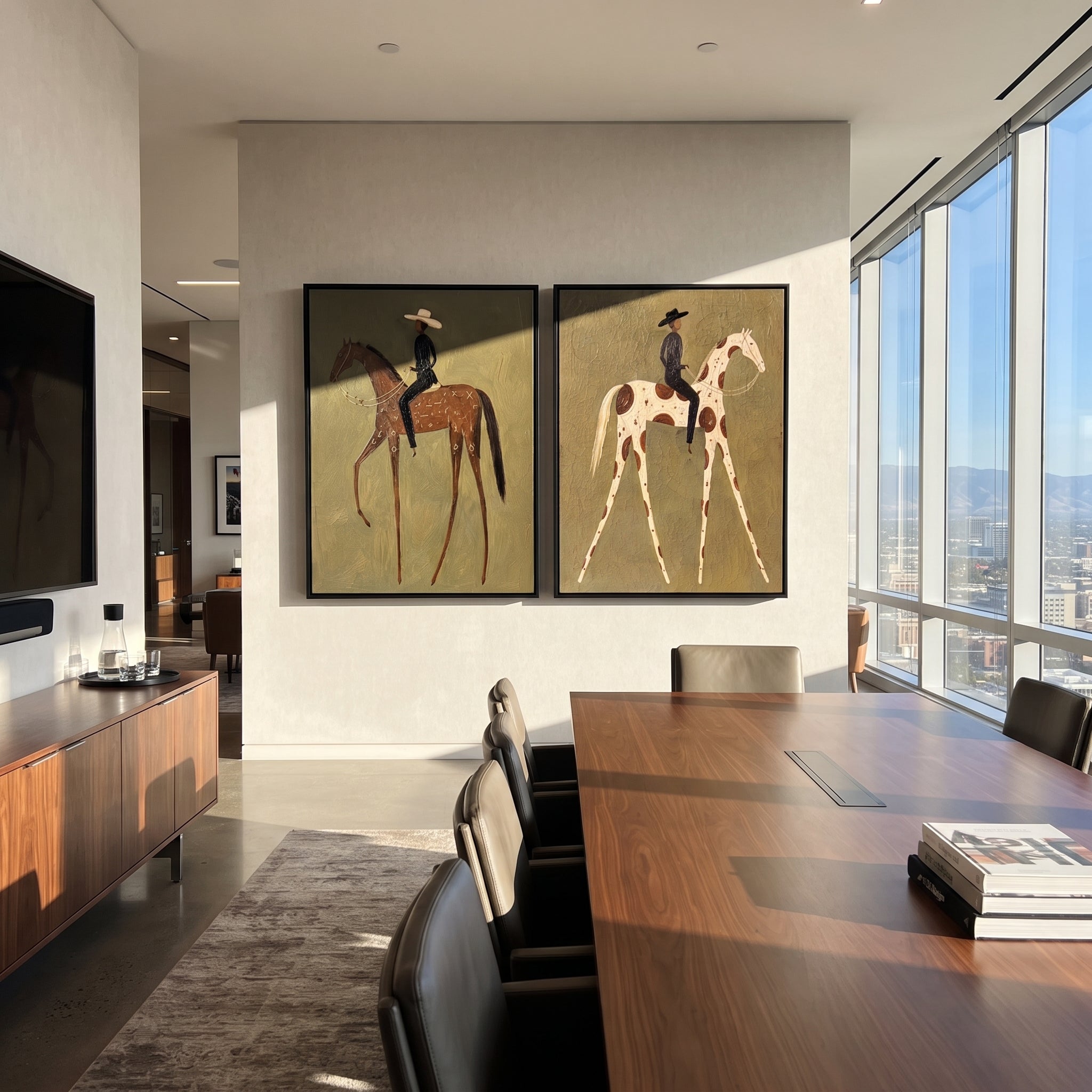 "Paired Slim Rider Horses Painting" focuses on atmosphere, surface movement, and sculptural heavy impasto craftsmanship rather than a fixed literal storyline. The composition uses this hand-painted horizontal canvas shows two adjacent western horse-and-rider panels on an olive plaster ground as the visual anchor, while layered palette-knife paint, raised plaster-like texture, and softened brush movement create tactile depth across the canvas. Curated with a balanced green, brown, beige palette