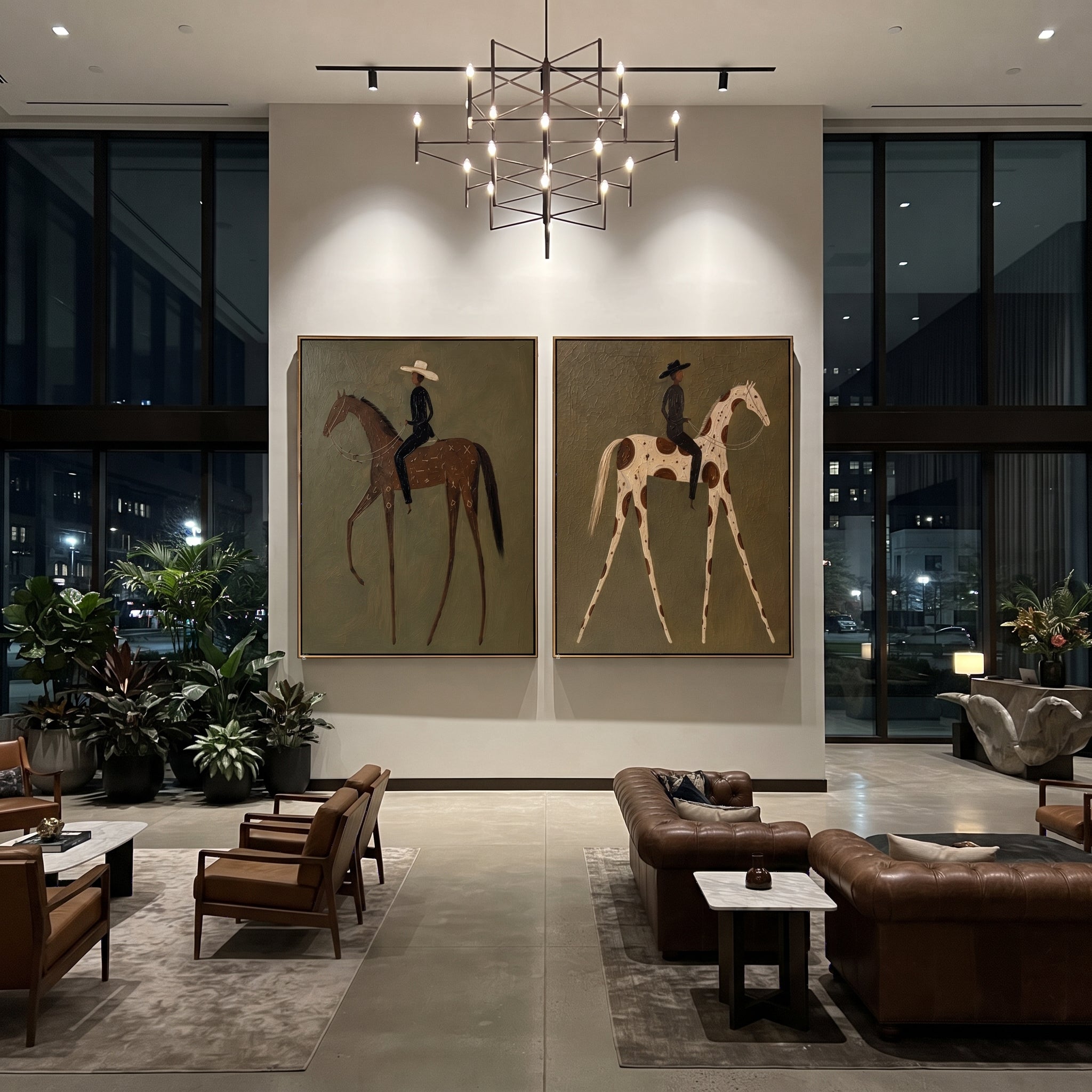 "Paired Slim Rider Horses Painting" focuses on atmosphere, surface movement, and sculptural heavy impasto craftsmanship rather than a fixed literal storyline. The composition uses this hand-painted horizontal canvas shows two adjacent western horse-and-rider panels on an olive plaster ground as the visual anchor, while layered palette-knife paint, raised plaster-like texture, and softened brush movement create tactile depth across the canvas. Curated with a balanced green, brown, beige palette