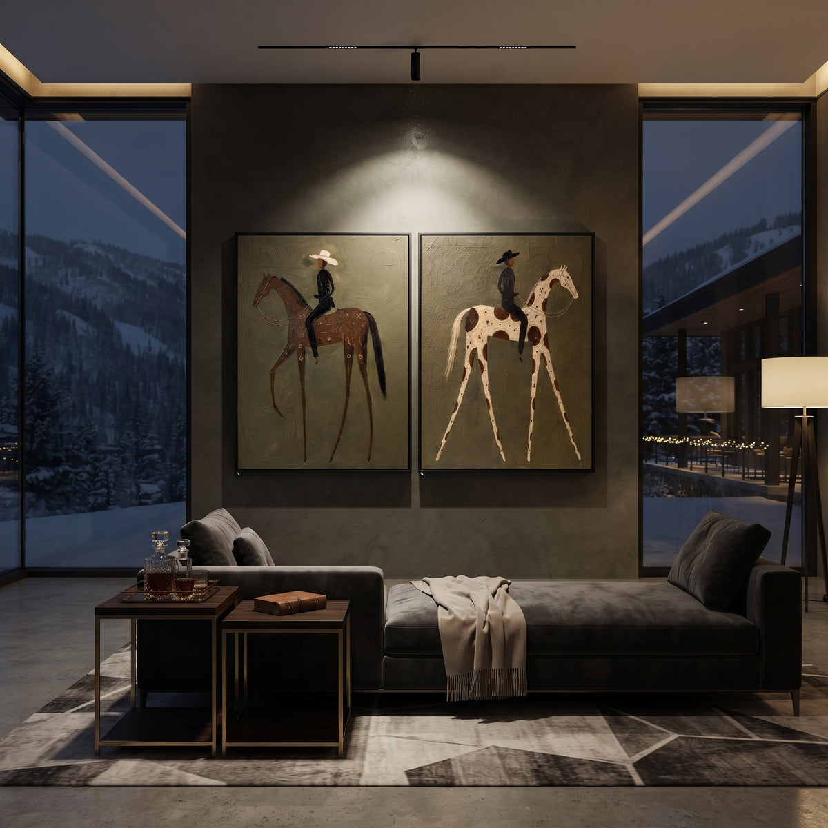 "Paired Slim Rider Horses Painting" focuses on atmosphere, surface movement, and sculptural heavy impasto craftsmanship rather than a fixed literal storyline. The composition uses this hand-painted horizontal canvas shows two adjacent western horse-and-rider panels on an olive plaster ground as the visual anchor, while layered palette-knife paint, raised plaster-like texture, and softened brush movement create tactile depth across the canvas. Curated with a balanced green, brown, beige palette