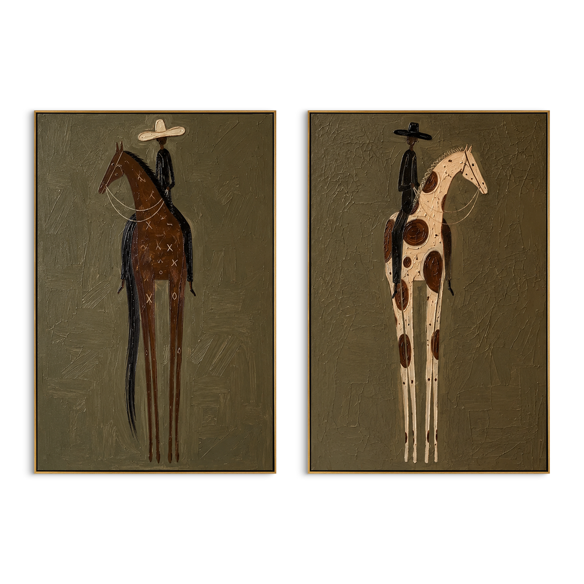 "Tall Spotted Horse Duo Painting" - Modern Heavy Impasto Western Animal Artwork | Natural & Brown Palette Knife Painting | Luxury Horizontal Wall Art #PT 1563