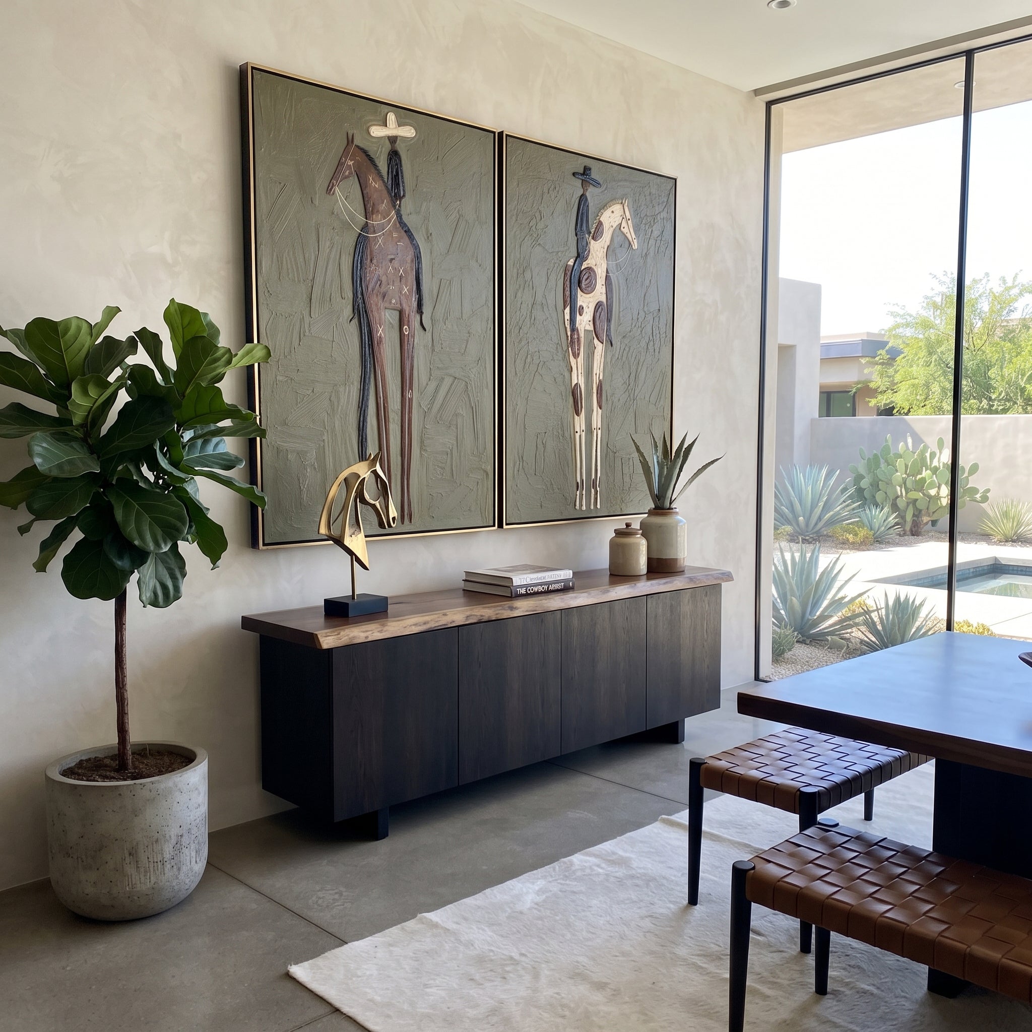 "Tall Spotted Horse Duo Painting" focuses on atmosphere, surface movement, and sculptural heavy impasto craftsmanship rather than a fixed literal storyline. The composition uses this hand-painted horizontal canvas pairs two tall western horse panels, alternating brown and cream spotted horses with slim riders in pale and black hats as the visual anchor, while layered palette-knife paint, raised plaster-like texture, and softened brush movement create tactile depth across the canvas. Curated with