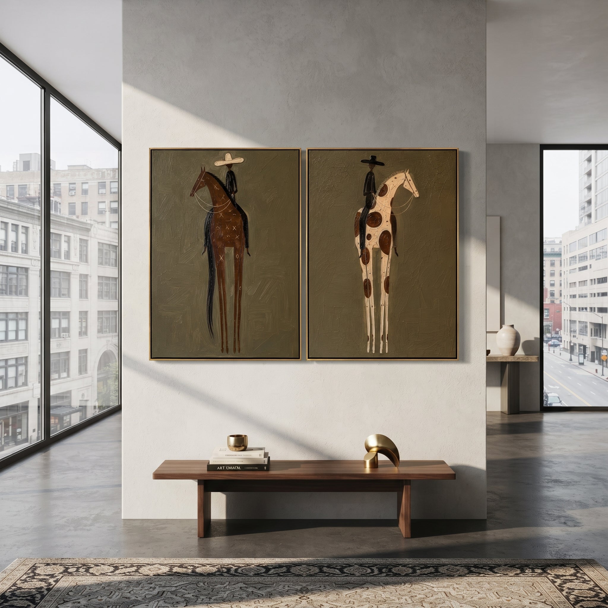 "Tall Spotted Horse Duo Painting" focuses on atmosphere, surface movement, and sculptural heavy impasto craftsmanship rather than a fixed literal storyline. The composition uses this hand-painted horizontal canvas pairs two tall western horse panels, alternating brown and cream spotted horses with slim riders in pale and black hats as the visual anchor, while layered palette-knife paint, raised plaster-like texture, and softened brush movement create tactile depth across the canvas. Curated with