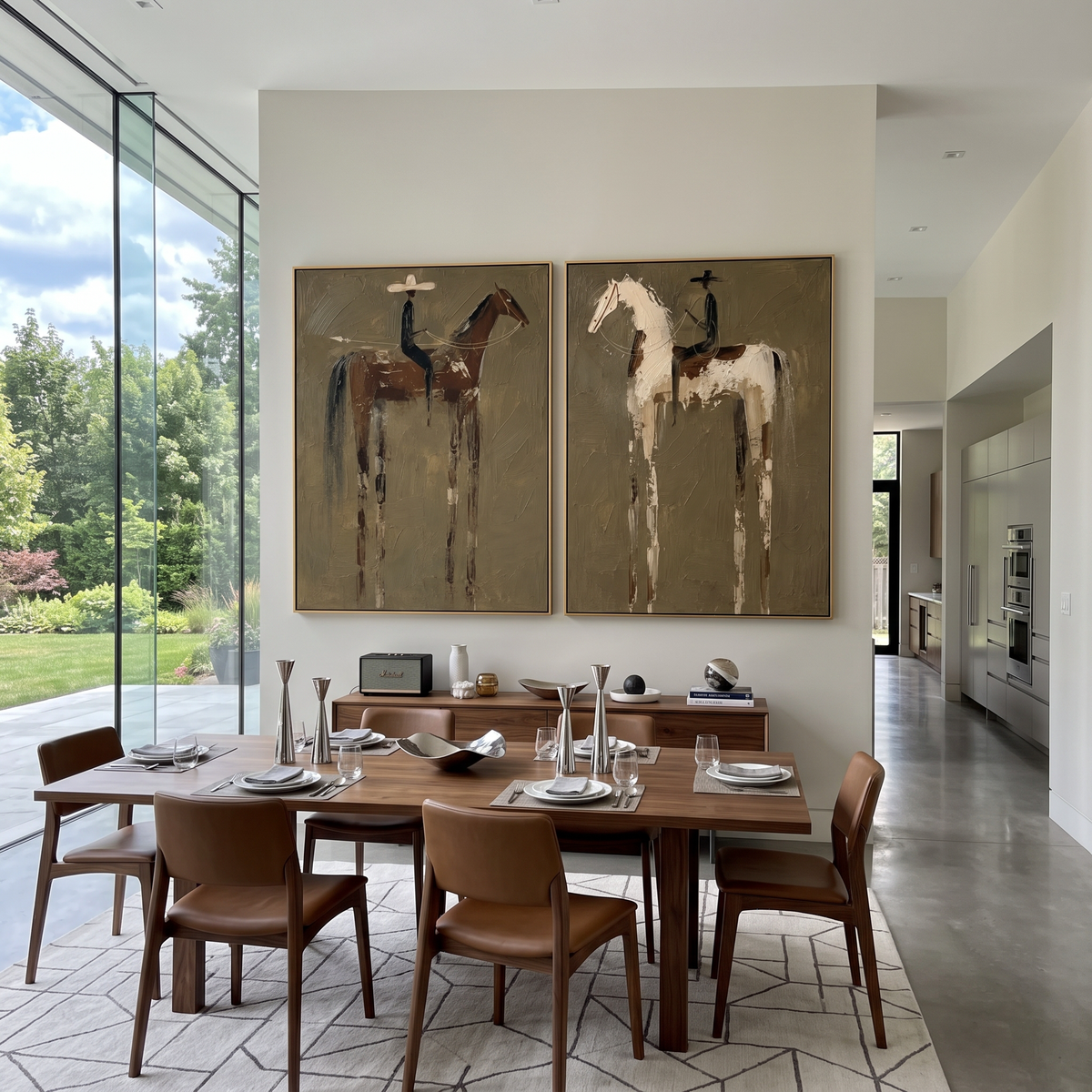 "Quiet Ranch Horse Diptych Painting" focuses on atmosphere, surface movement, and sculptural heavy impasto craftsmanship rather than a fixed literal storyline. The composition uses this hand-painted horizontal canvas presents two quiet ranch horse portraits side by side on a textured olive field as the visual anchor, while layered palette-knife paint, raised plaster-like texture, and softened brush movement create tactile depth across the canvas. Curated with a balanced green, brown, beige
