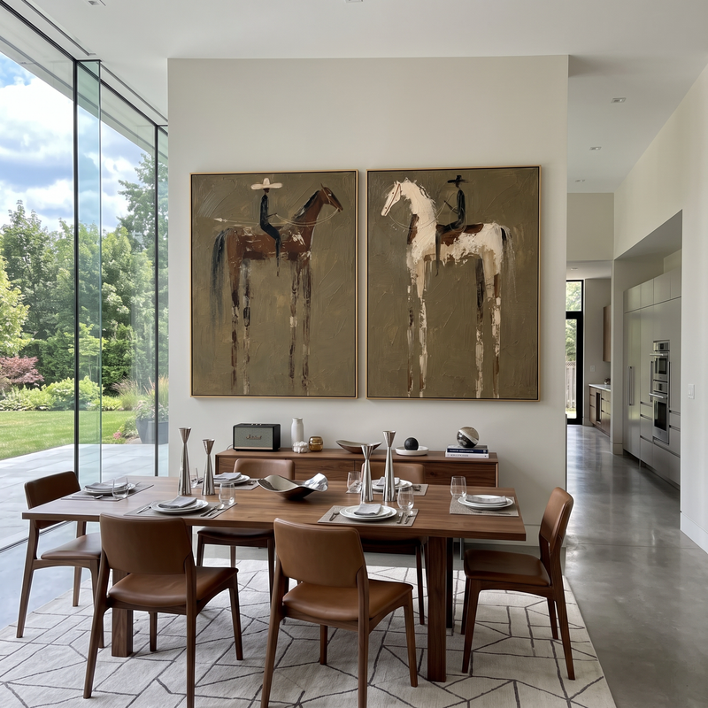 "Quiet Ranch Horse Diptych Painting" - Modern Heavy Impasto Western Animal Artwork | Natural & Brown Palette Knife Painting | Luxury Horizontal Wall Art #PT 1564