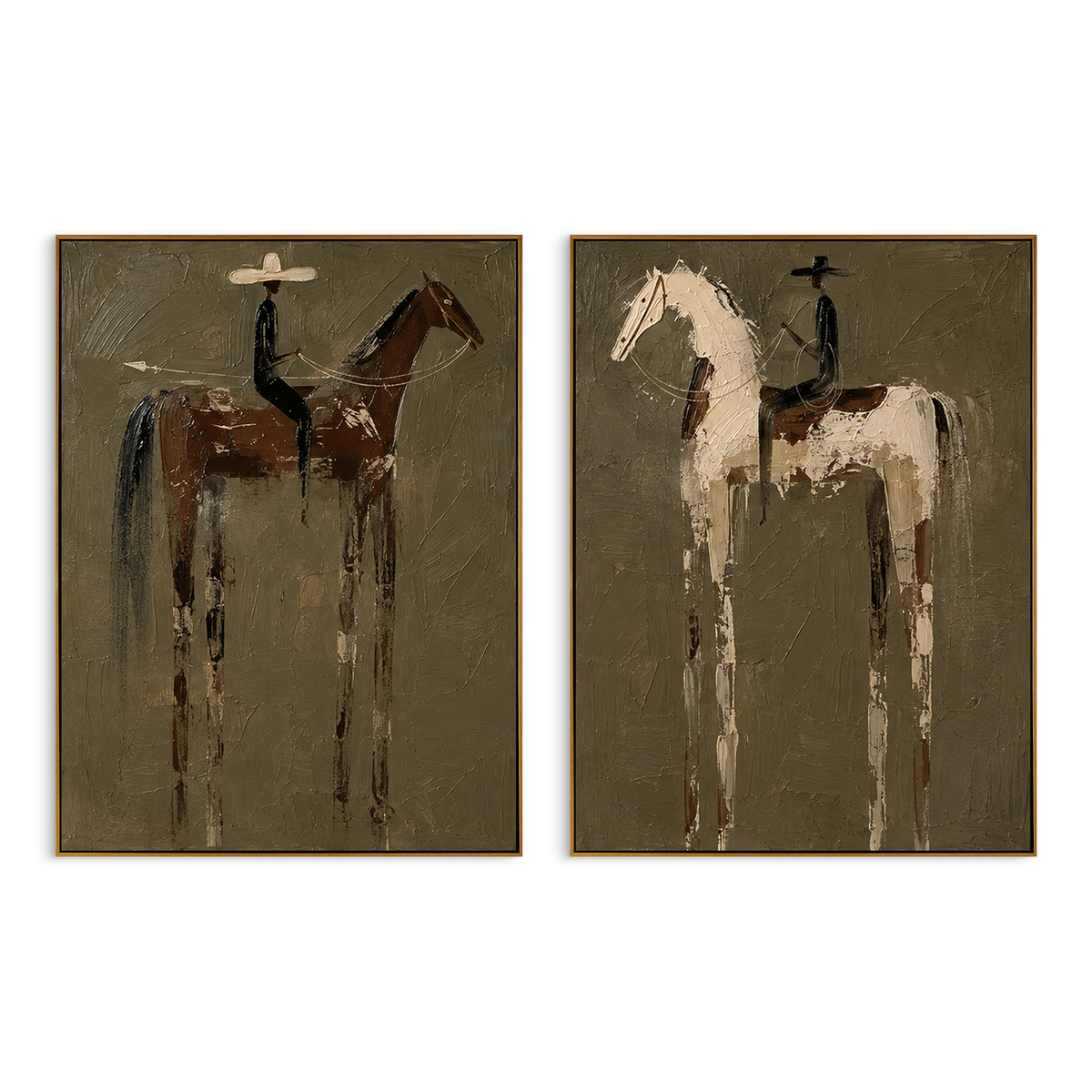 "Quiet Ranch Horse Diptych Painting" - Modern Heavy Impasto Western Animal Artwork | Natural & Brown Palette Knife Painting | Luxury Horizontal Wall Art #PT 1564