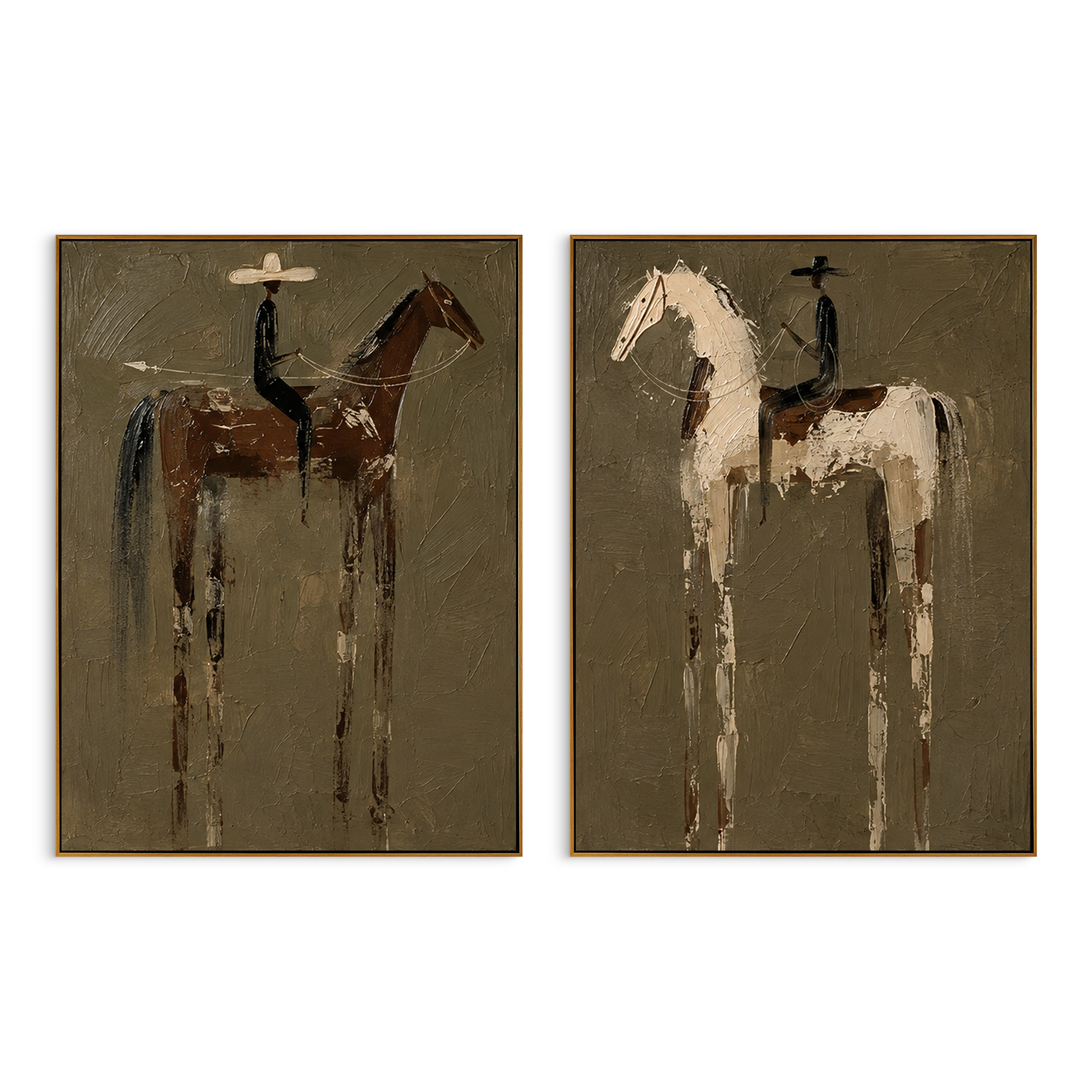 "Quiet Ranch Horse Diptych Painting" focuses on atmosphere, surface movement, and sculptural heavy impasto craftsmanship rather than a fixed literal storyline. The composition uses this hand-painted horizontal canvas presents two quiet ranch horse portraits side by side on a textured olive field as the visual anchor, while layered palette-knife paint, raised plaster-like texture, and softened brush movement create tactile depth across the canvas. Curated with a balanced green, brown, beige