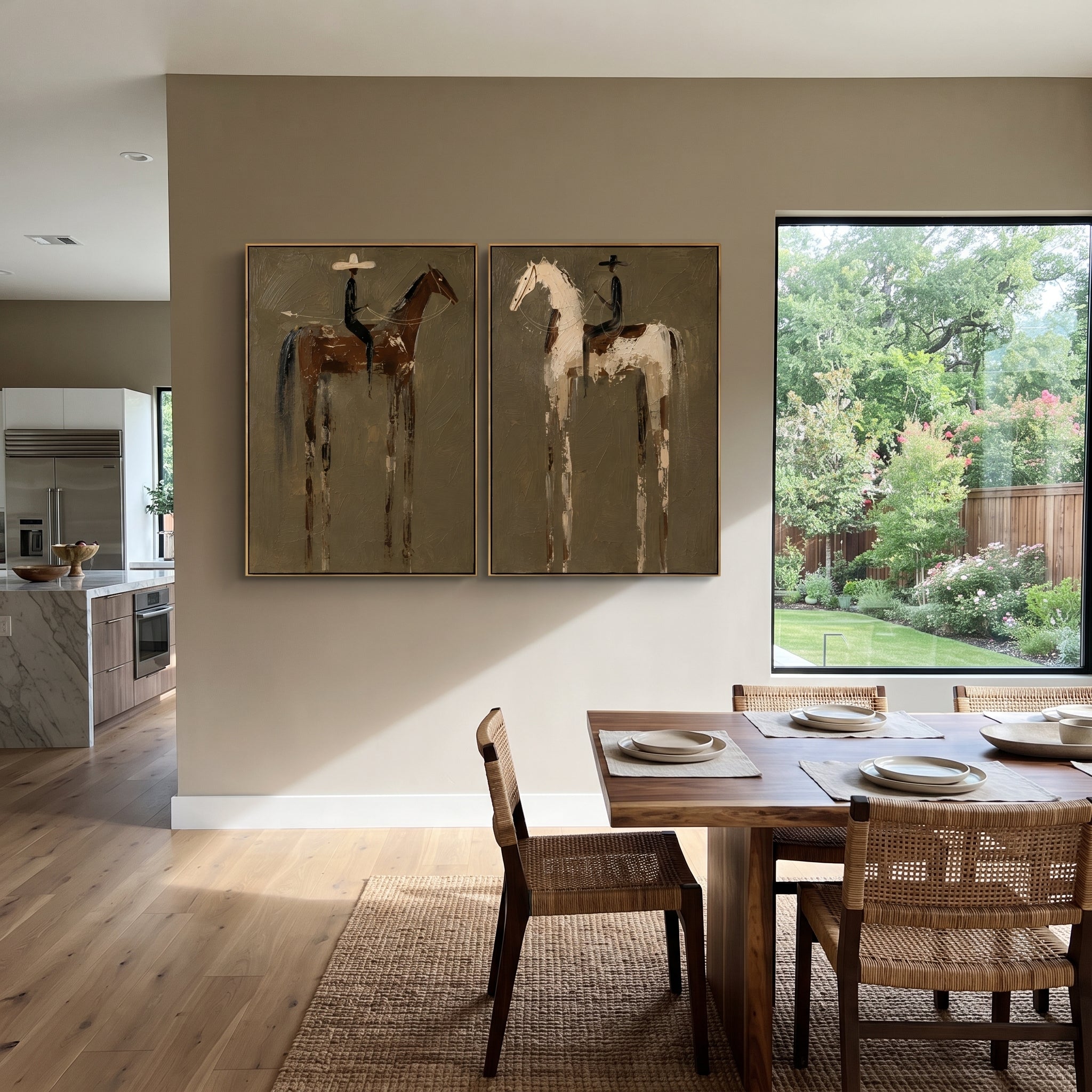 "Quiet Ranch Horse Diptych Painting" focuses on atmosphere, surface movement, and sculptural heavy impasto craftsmanship rather than a fixed literal storyline. The composition uses this hand-painted horizontal canvas presents two quiet ranch horse portraits side by side on a textured olive field as the visual anchor, while layered palette-knife paint, raised plaster-like texture, and softened brush movement create tactile depth across the canvas. Curated with a balanced green, brown, beige