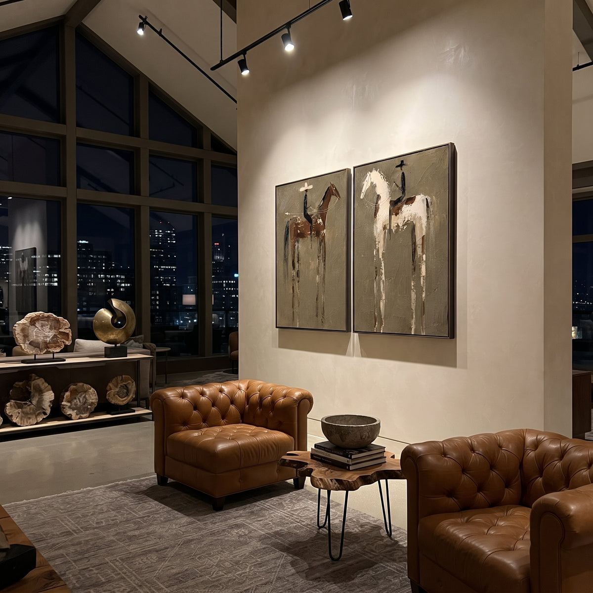 "Quiet Ranch Horse Diptych Painting" focuses on atmosphere, surface movement, and sculptural heavy impasto craftsmanship rather than a fixed literal storyline. The composition uses this hand-painted horizontal canvas presents two quiet ranch horse portraits side by side on a textured olive field as the visual anchor, while layered palette-knife paint, raised plaster-like texture, and softened brush movement create tactile depth across the canvas. Curated with a balanced green, brown, beige