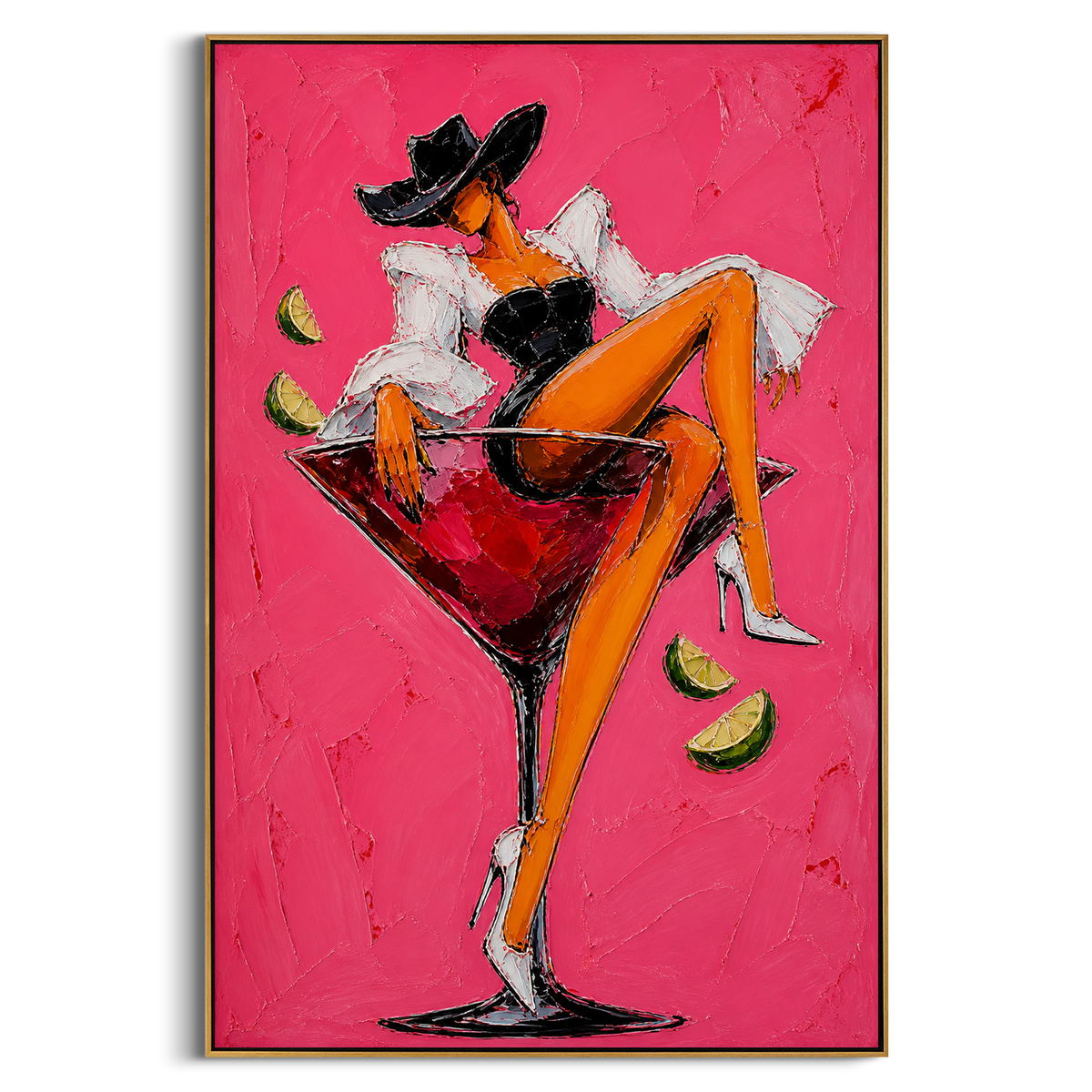 "Black Corset Martini Cowgirl Painting" - Modern Heavy Impasto Western Animal Artwork | Pink & Orange Palette Knife Painting | Luxury Vertical Wall Art #PT 1565