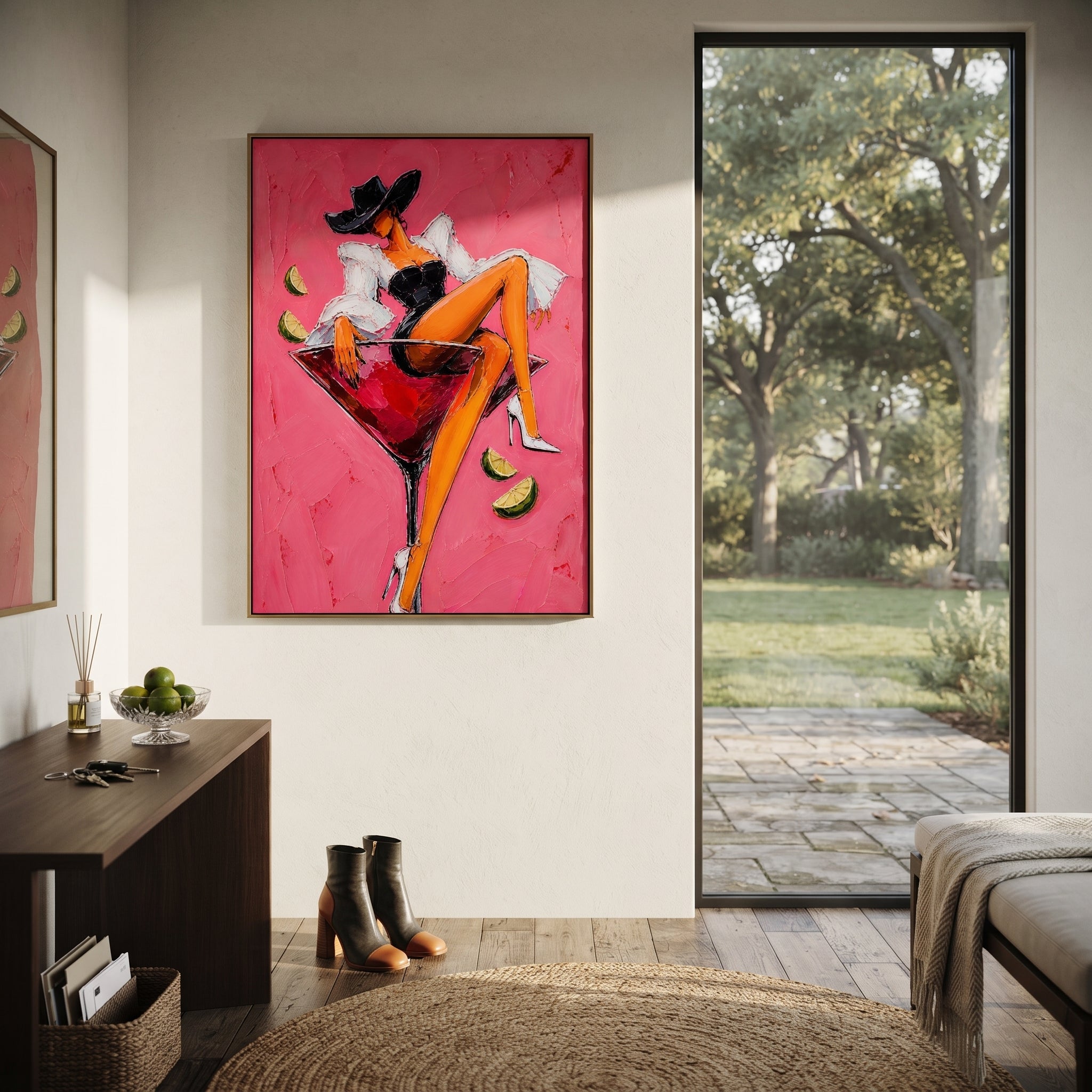 "Black Corset Martini Cowgirl Painting" focuses on atmosphere, surface movement, and sculptural heavy impasto craftsmanship rather than a fixed literal storyline. The composition uses this hand-painted vertical canvas features a cowgirl in a black hat and black corset lounging inside a red martini glass against a bright pink plaster background as the visual anchor, while layered palette-knife paint, raised plaster-like texture, and softened brush movement create tactile depth across the canvas.