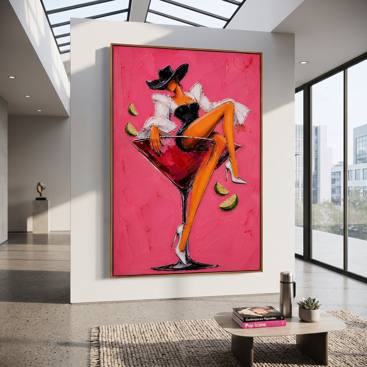 "Black Corset Martini Cowgirl Painting" focuses on atmosphere, surface movement, and sculptural heavy impasto craftsmanship rather than a fixed literal storyline. The composition uses this hand-painted vertical canvas features a cowgirl in a black hat and black corset lounging inside a red martini glass against a bright pink plaster background as the visual anchor, while layered palette-knife paint, raised plaster-like texture, and softened brush movement create tactile depth across the canvas.