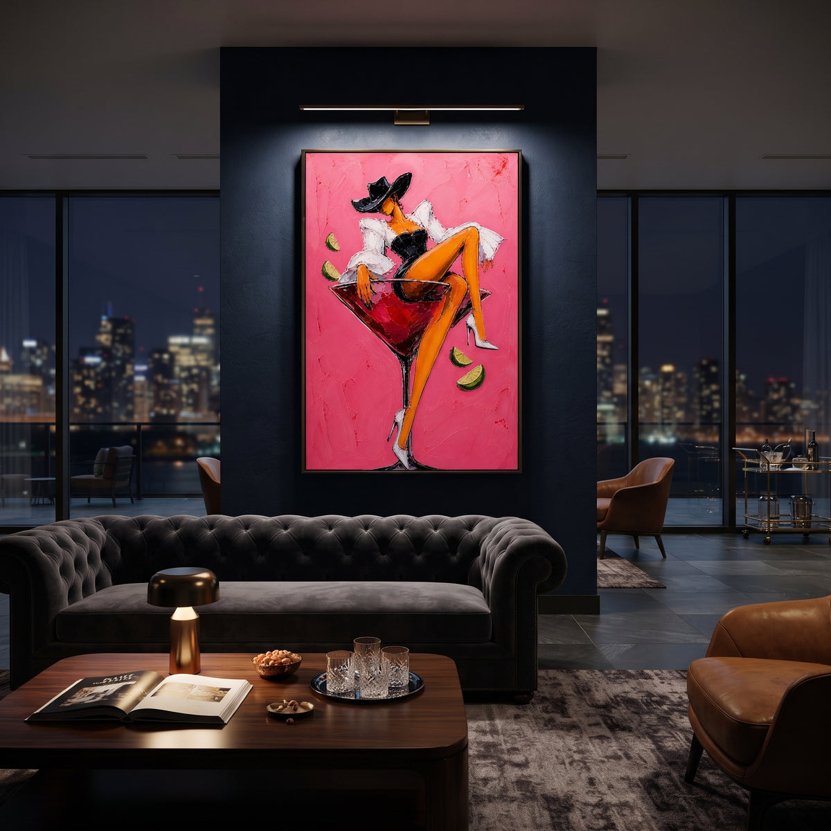 "Black Corset Martini Cowgirl Painting" focuses on atmosphere, surface movement, and sculptural heavy impasto craftsmanship rather than a fixed literal storyline. The composition uses this hand-painted vertical canvas features a cowgirl in a black hat and black corset lounging inside a red martini glass against a bright pink plaster background as the visual anchor, while layered palette-knife paint, raised plaster-like texture, and softened brush movement create tactile depth across the canvas.