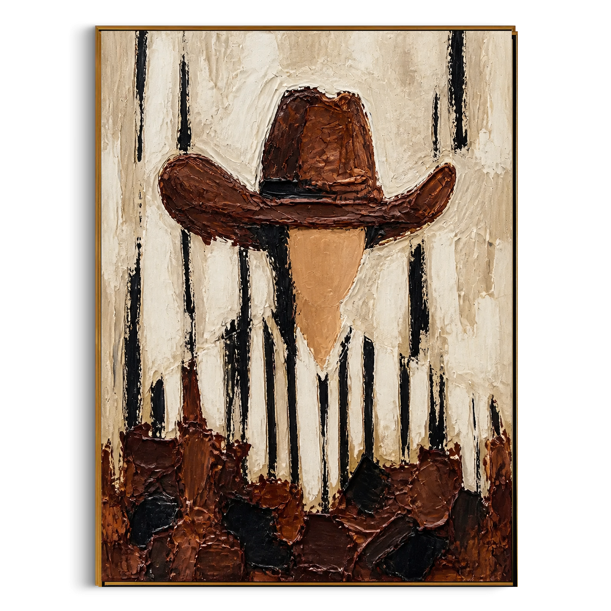 "Vertical Stripe Brown Hat Portrait Painting" focuses on atmosphere, surface movement, and sculptural heavy impasto craftsmanship rather than a fixed literal storyline. The composition uses this hand-painted vertical canvas shows a faceless western portrait under a broad brown hat, with black vertical marks falling through the cream striped shirt and background as the visual anchor, while layered palette-knife paint, raised plaster-like texture, and softened brush movement create tactile depth