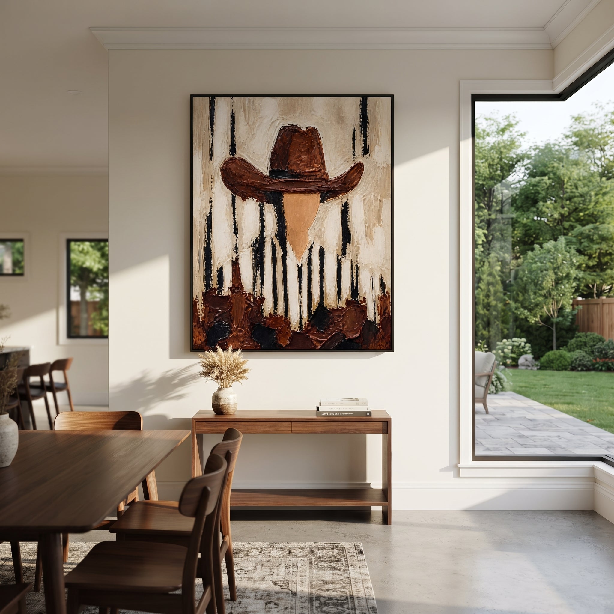 "Vertical Stripe Brown Hat Portrait Painting" focuses on atmosphere, surface movement, and sculptural heavy impasto craftsmanship rather than a fixed literal storyline. The composition uses this hand-painted vertical canvas shows a faceless western portrait under a broad brown hat, with black vertical marks falling through the cream striped shirt and background as the visual anchor, while layered palette-knife paint, raised plaster-like texture, and softened brush movement create tactile depth
