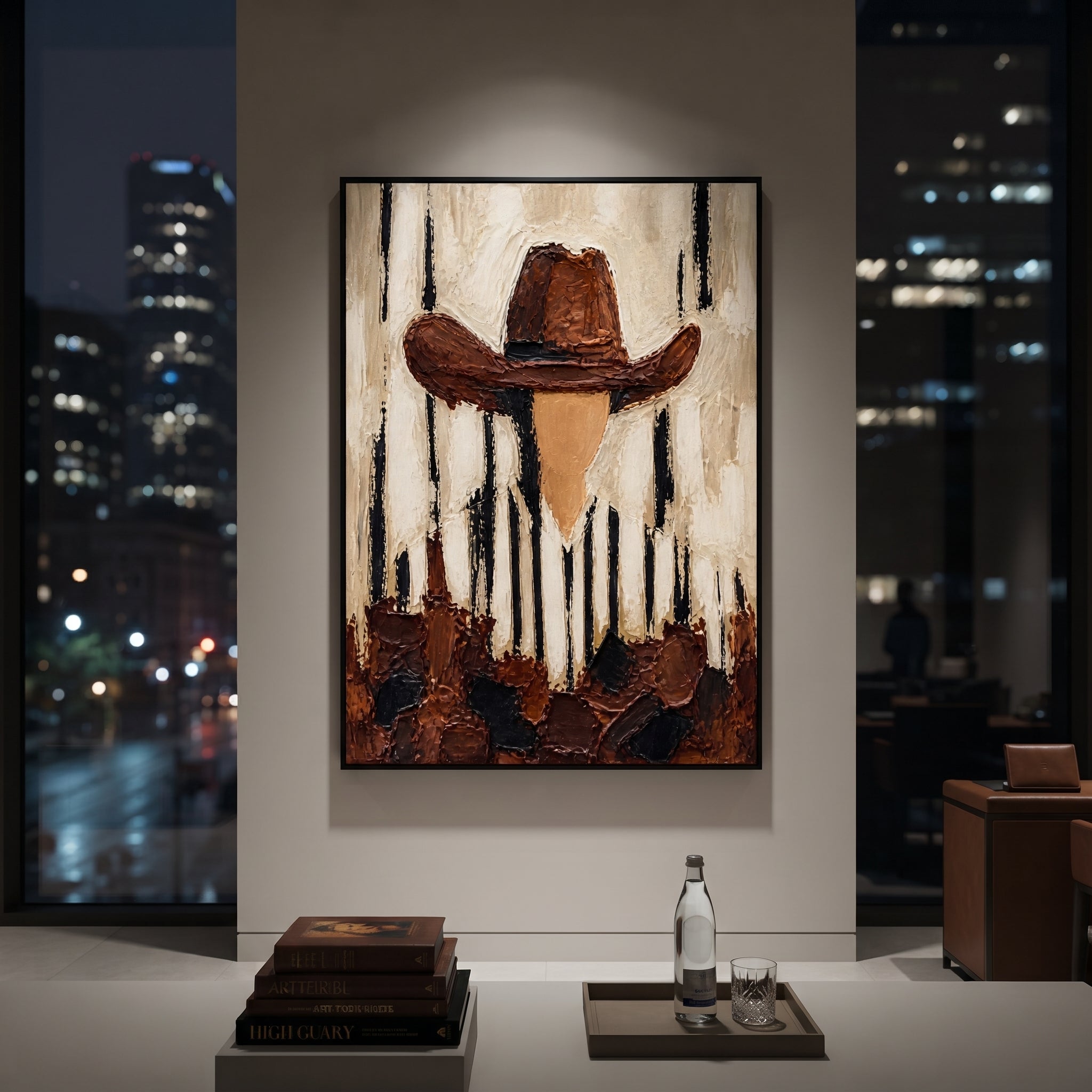 "Vertical Stripe Brown Hat Portrait Painting" focuses on atmosphere, surface movement, and sculptural heavy impasto craftsmanship rather than a fixed literal storyline. The composition uses this hand-painted vertical canvas shows a faceless western portrait under a broad brown hat, with black vertical marks falling through the cream striped shirt and background as the visual anchor, while layered palette-knife paint, raised plaster-like texture, and softened brush movement create tactile depth