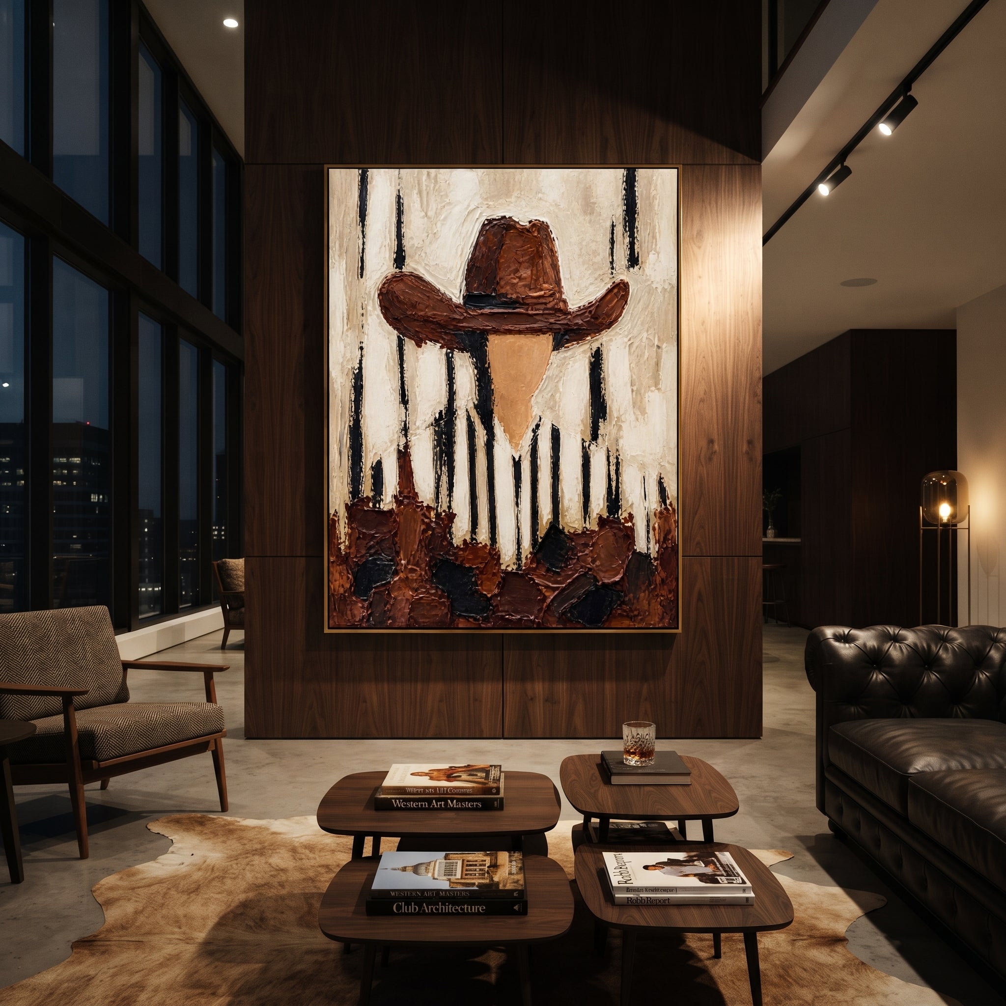 "Vertical Stripe Brown Hat Portrait Painting" focuses on atmosphere, surface movement, and sculptural heavy impasto craftsmanship rather than a fixed literal storyline. The composition uses this hand-painted vertical canvas shows a faceless western portrait under a broad brown hat, with black vertical marks falling through the cream striped shirt and background as the visual anchor, while layered palette-knife paint, raised plaster-like texture, and softened brush movement create tactile depth