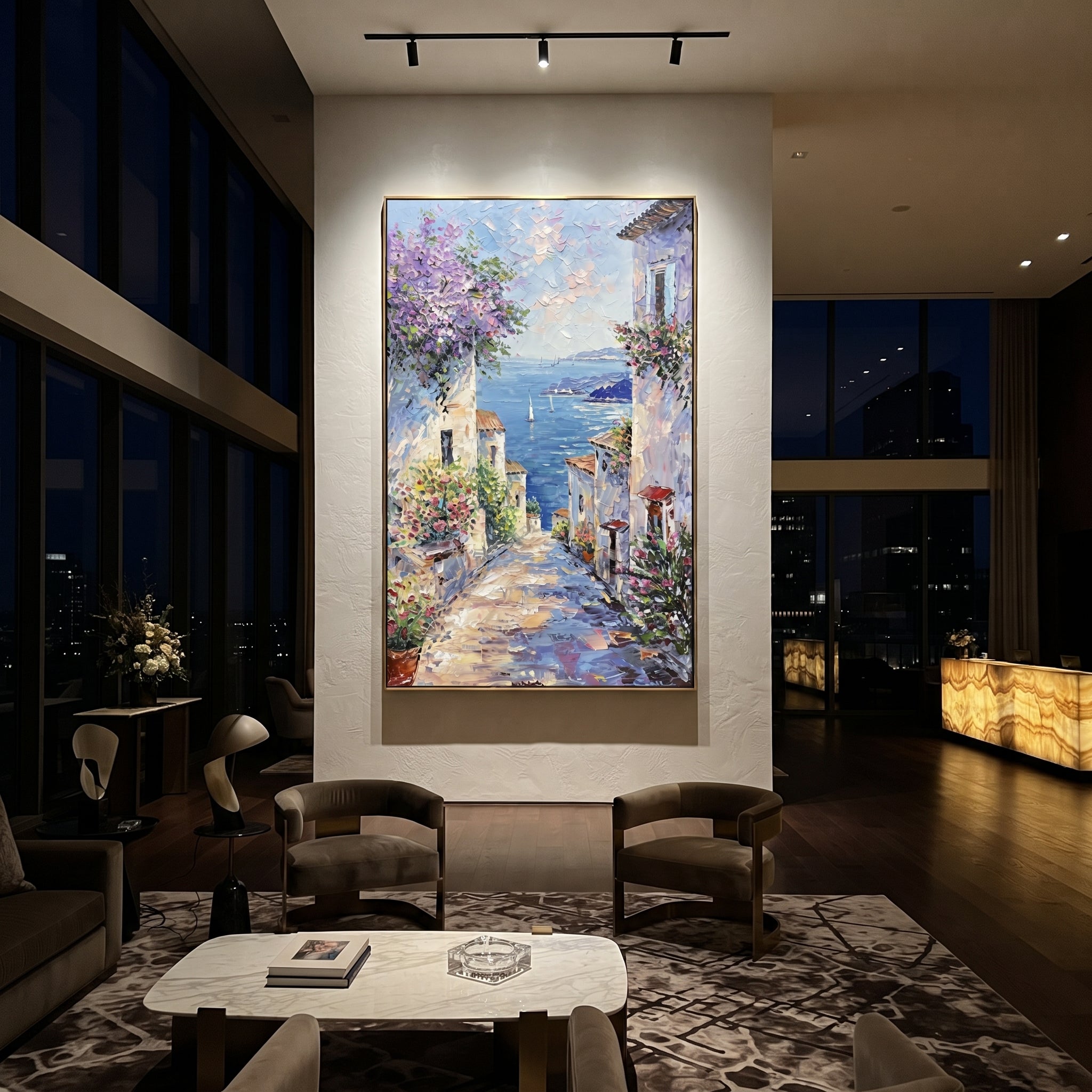 "Cliffside Coastal Vista PT 1567" focuses on atmosphere, surface movement, and sculptural heavy impasto craftsmanship rather than a fixed literal storyline. The composition uses this hand-painted Mediterranean canvas features steep coastal cliffs, hillside village, deep blue water, floral foreground, textured sky, built with raised palette-knife texture, layered brushwork, and luminous coastal color as the visual anchor, while layered palette-knife paint, raised plaster-like texture, and